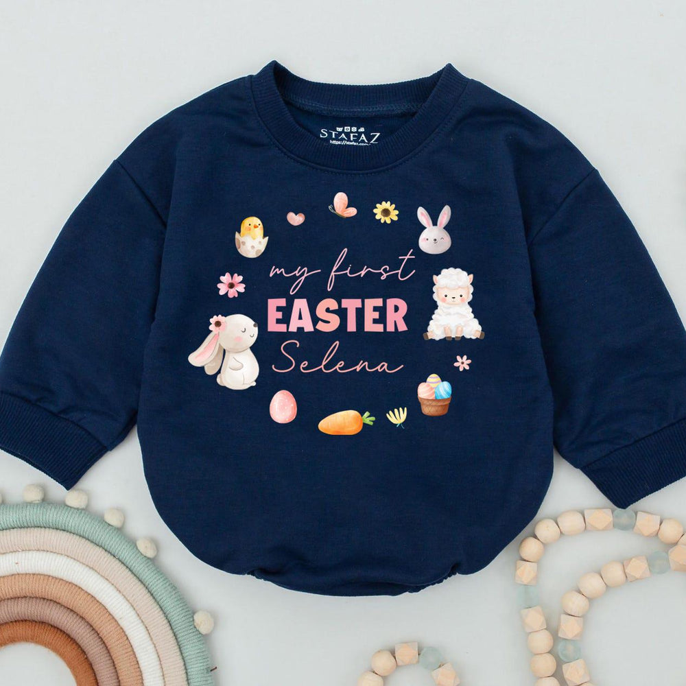 My First Easter Baby Romper Personalized with Name Cute Bunny Chick Pastel Bodysuit Soft Cotton Outfit for Infant Boys or Girls Holiday Gift