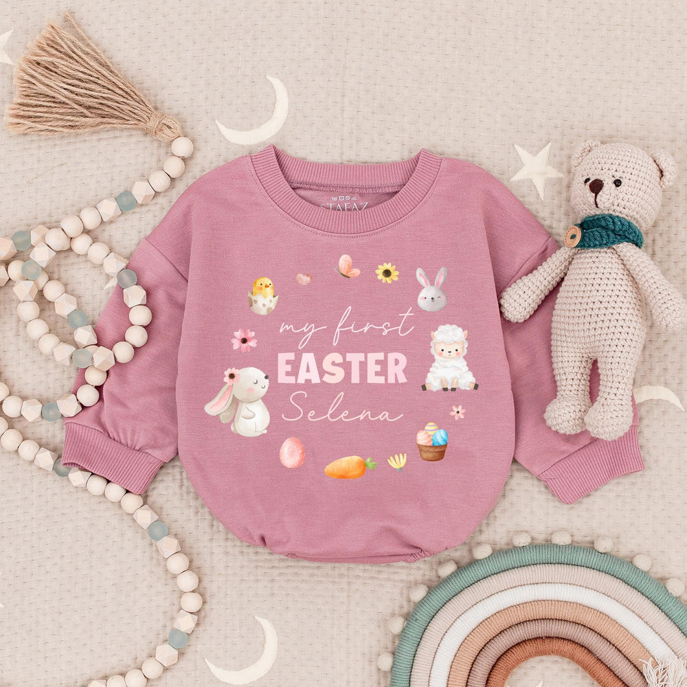 My First Easter Baby Romper Personalized with Name Cute Bunny Chick Pastel Bodysuit Soft Cotton Outfit for Infant Boys or Girls Holiday Gift