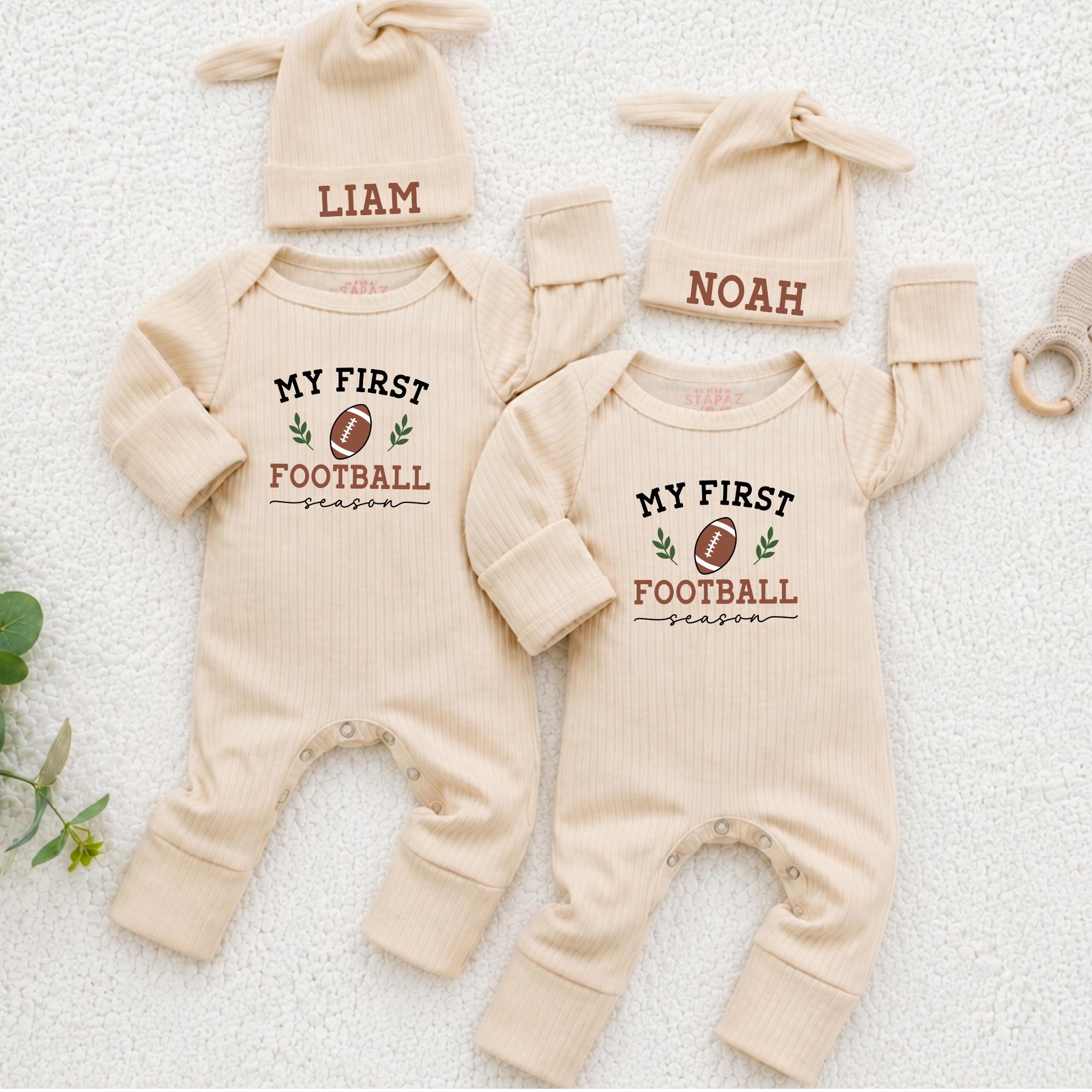 My First Football Season Baby Bodysuit with Matching Name Hat, Personalized Twin Outfit for Newborn Milestone Photos