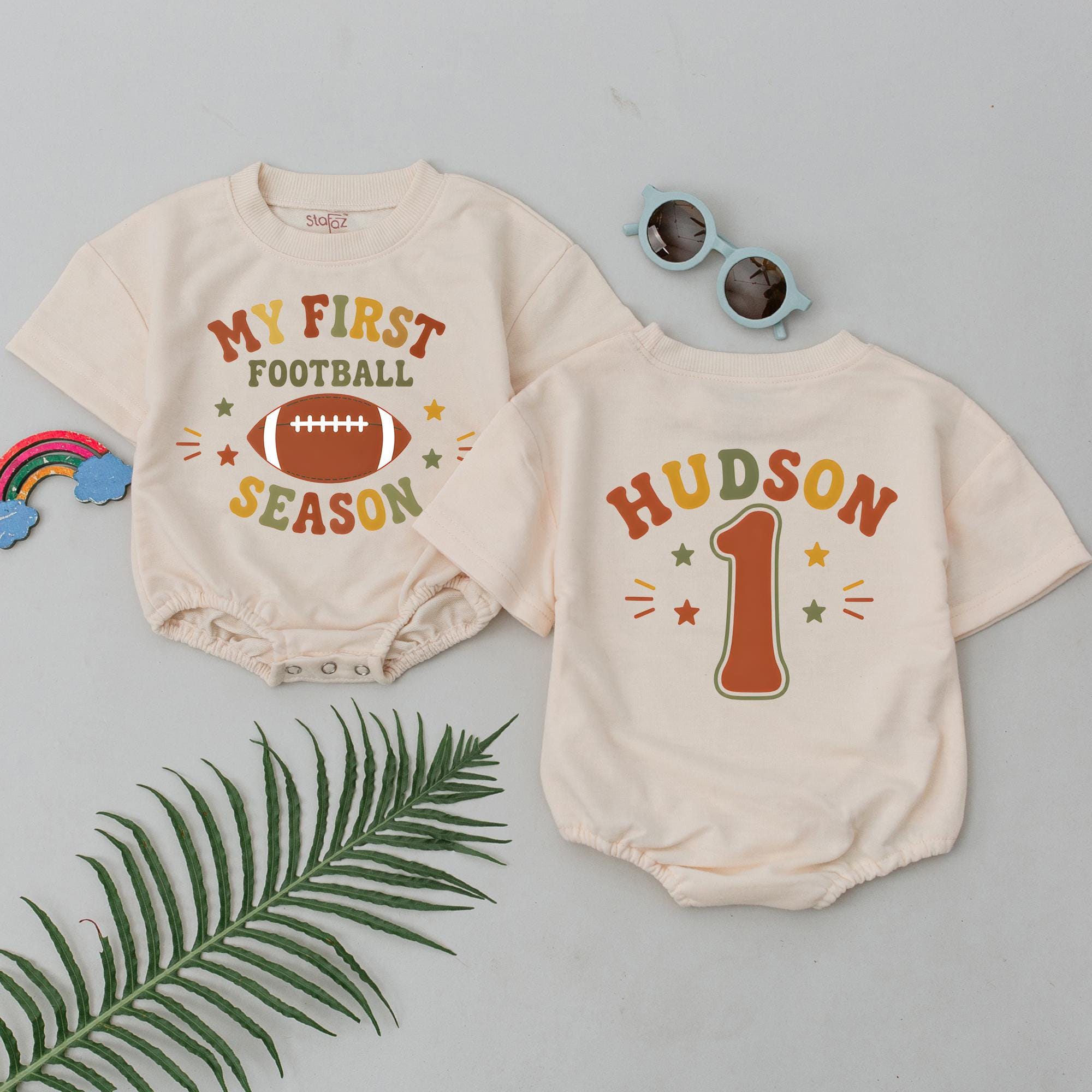 My First Football Season Baby Romper with Custom Name, Cute Gameday Bodysuit for Newborns, Football Lover Outfit for Milestone Photos