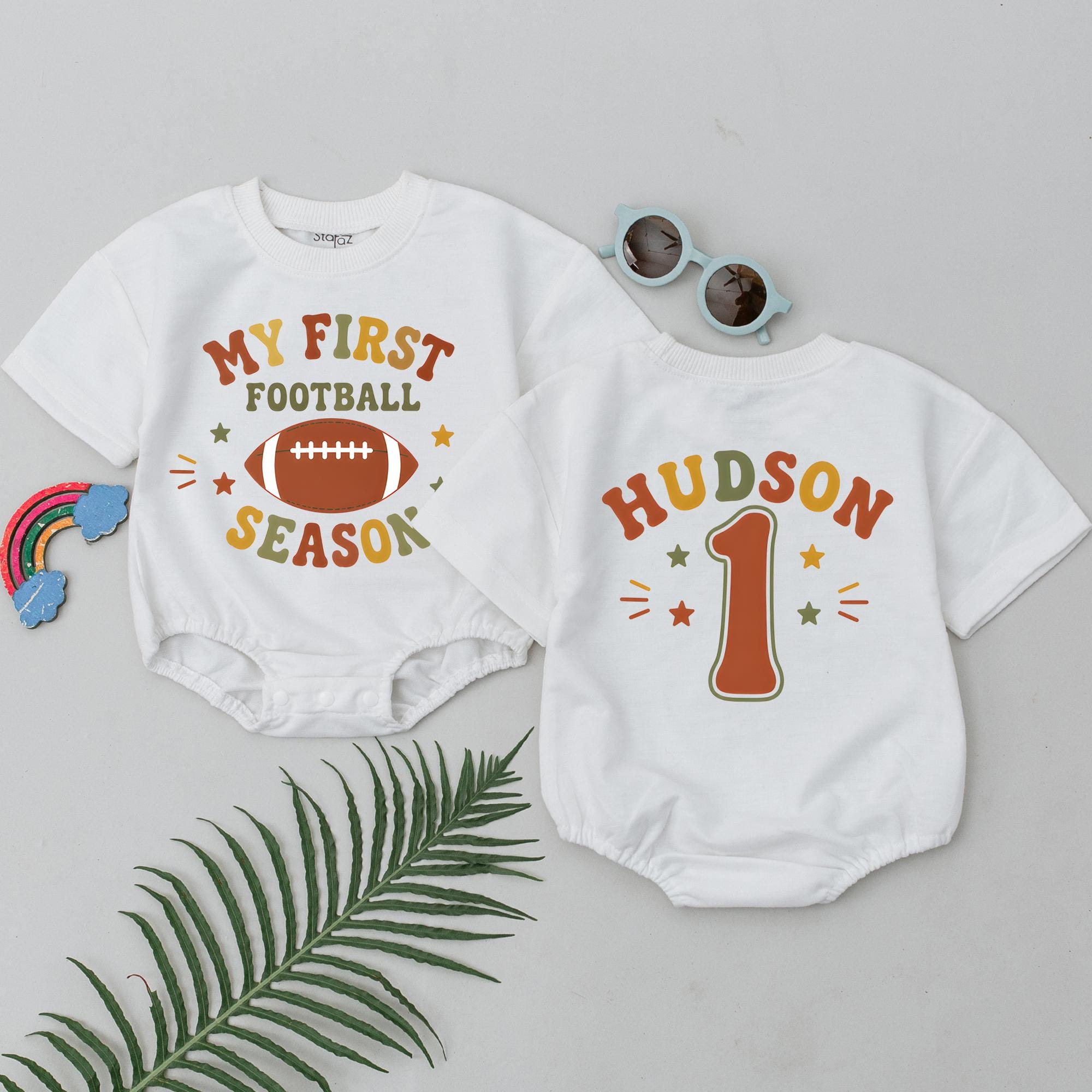 My First Football Season Baby Romper with Custom Name, Cute Gameday Bodysuit for Newborns, Football Lover Outfit for Milestone Photos