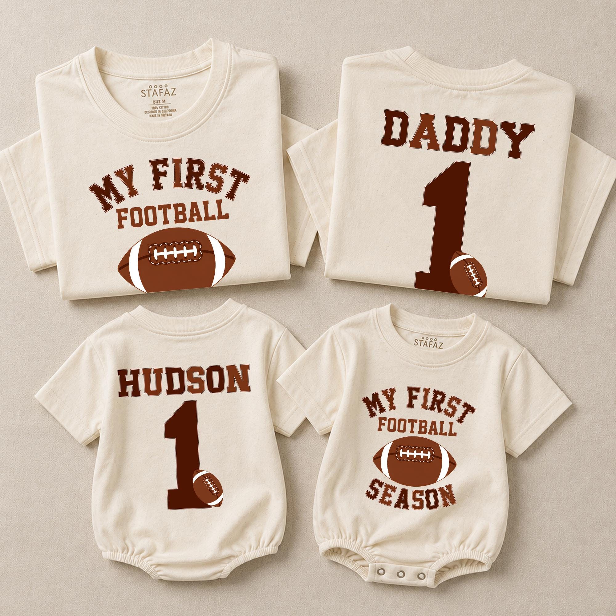 My First Football Season Matching Family Shirts with Custom Name and Number, Personalized Baby Bodysuit and Parent T-Shirts Set