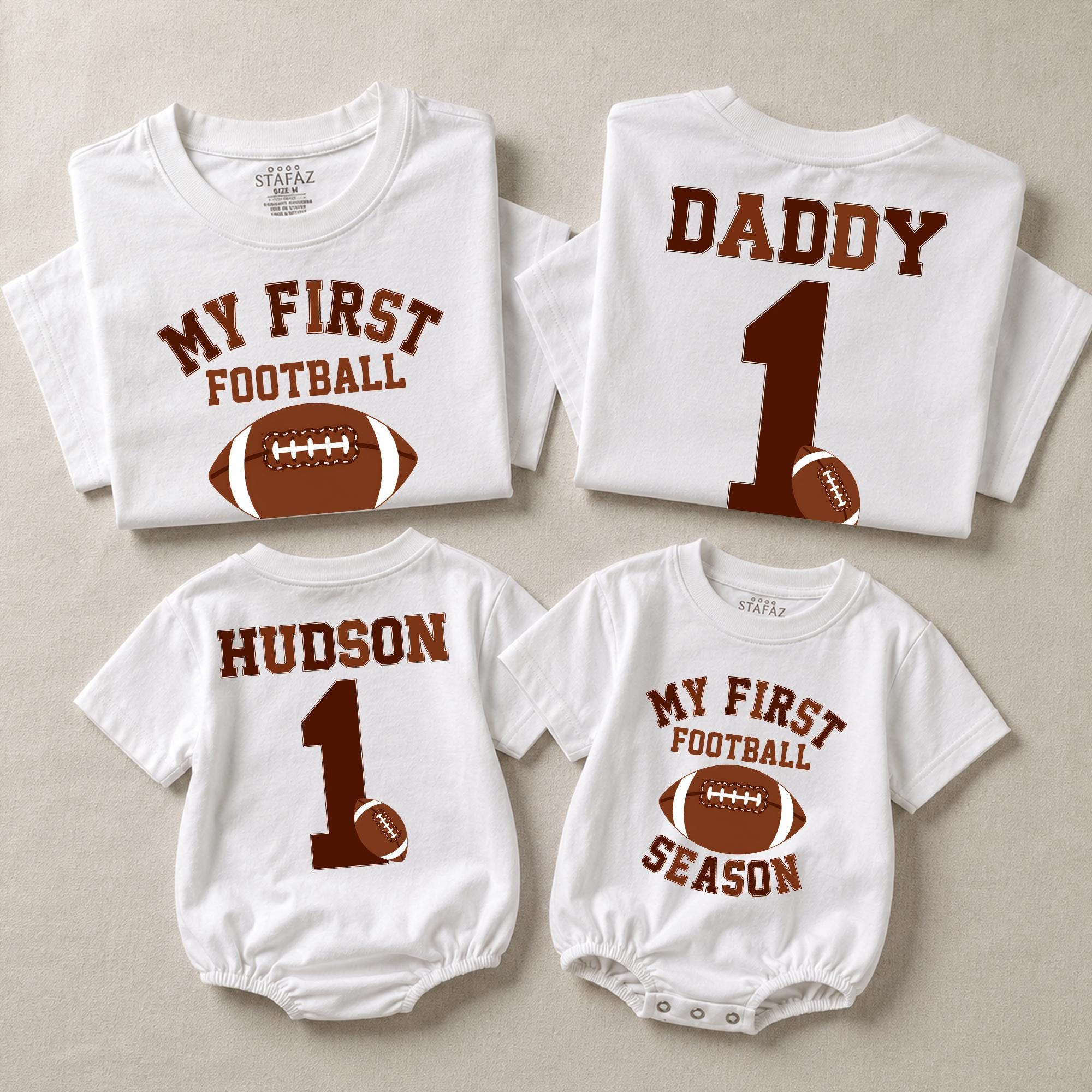 My First Football Season Matching Family Shirts with Custom Name and Number, Personalized Baby Bodysuit and Parent T-Shirts Set