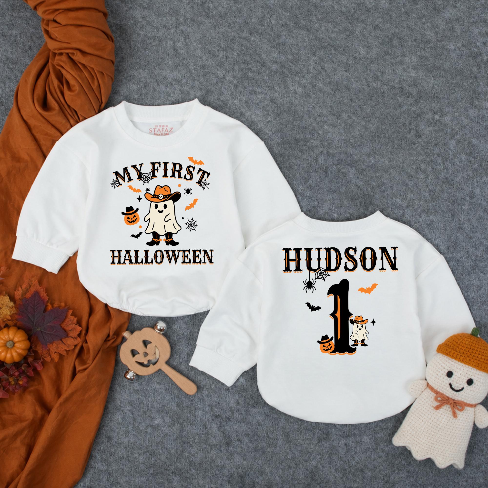 My First Halloween Baby Romper with Cowboy Ghost Graphic, Custom Name and Age, Infant Fall Outfit for Pumpkin Patch or Photos