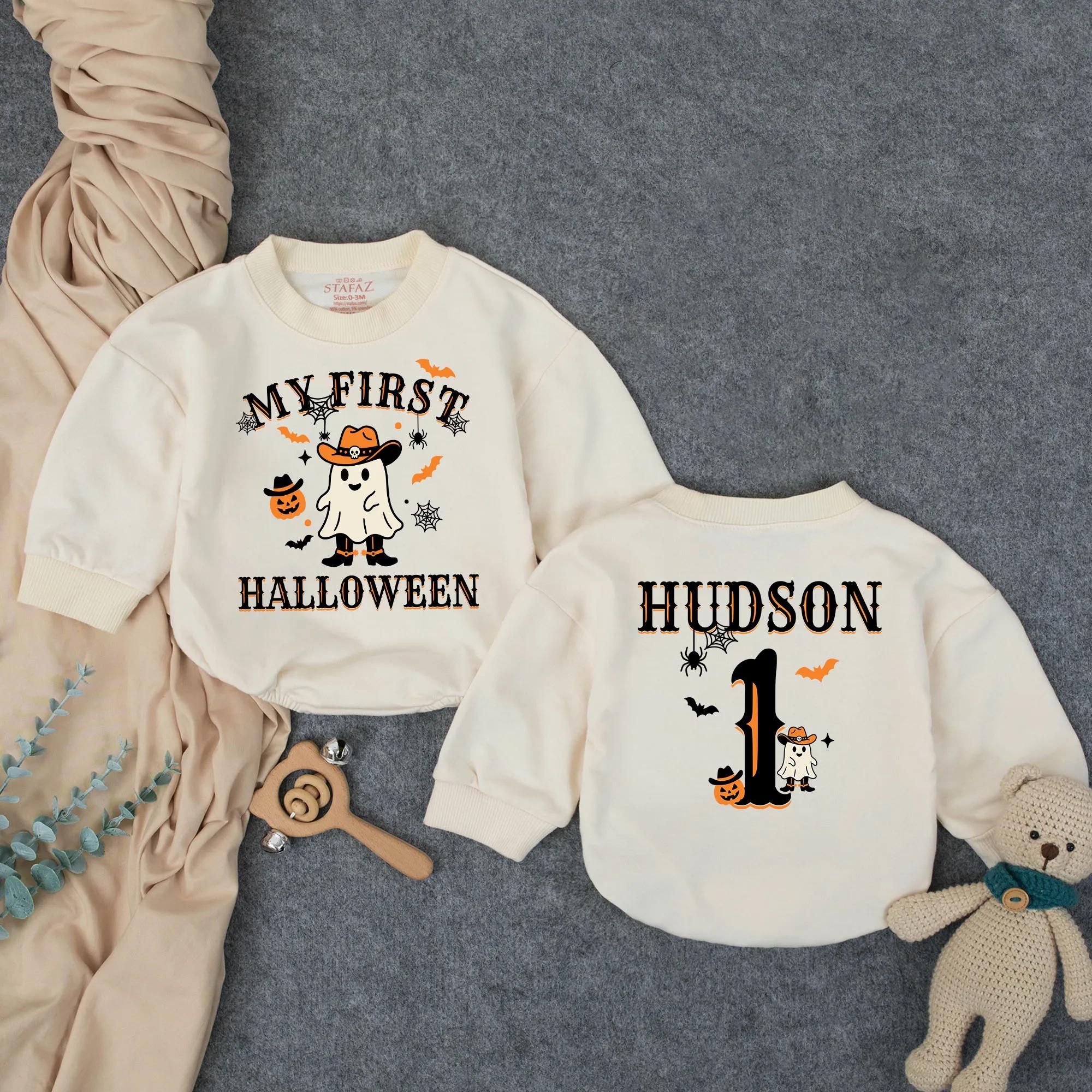 My First Halloween Baby Romper with Cowboy Ghost Graphic, Custom Name and Age, Infant Fall Outfit for Pumpkin Patch or Photos