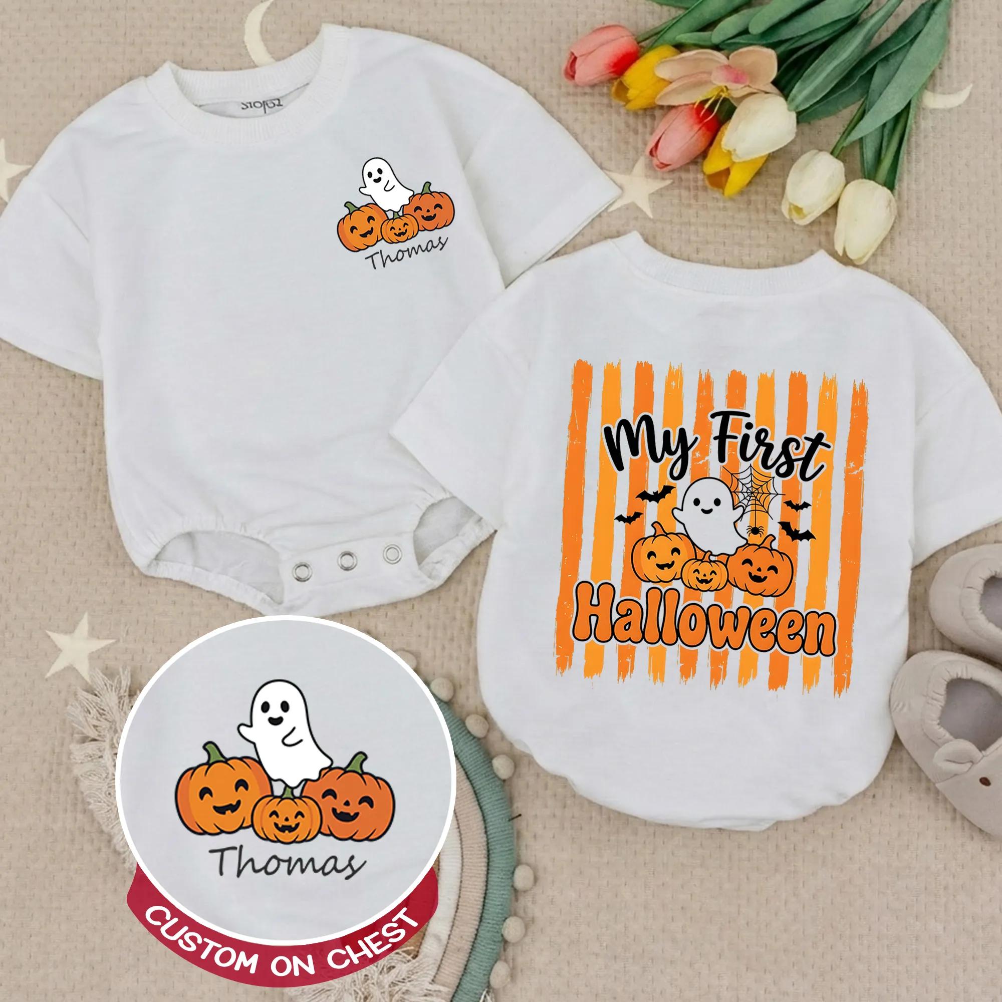 My First Halloween Baby Romper with Ghost and Pumpkin Artwork, Custom Name Outfit for Fall Photos, Infant Pumpkin Patch Bodysuit