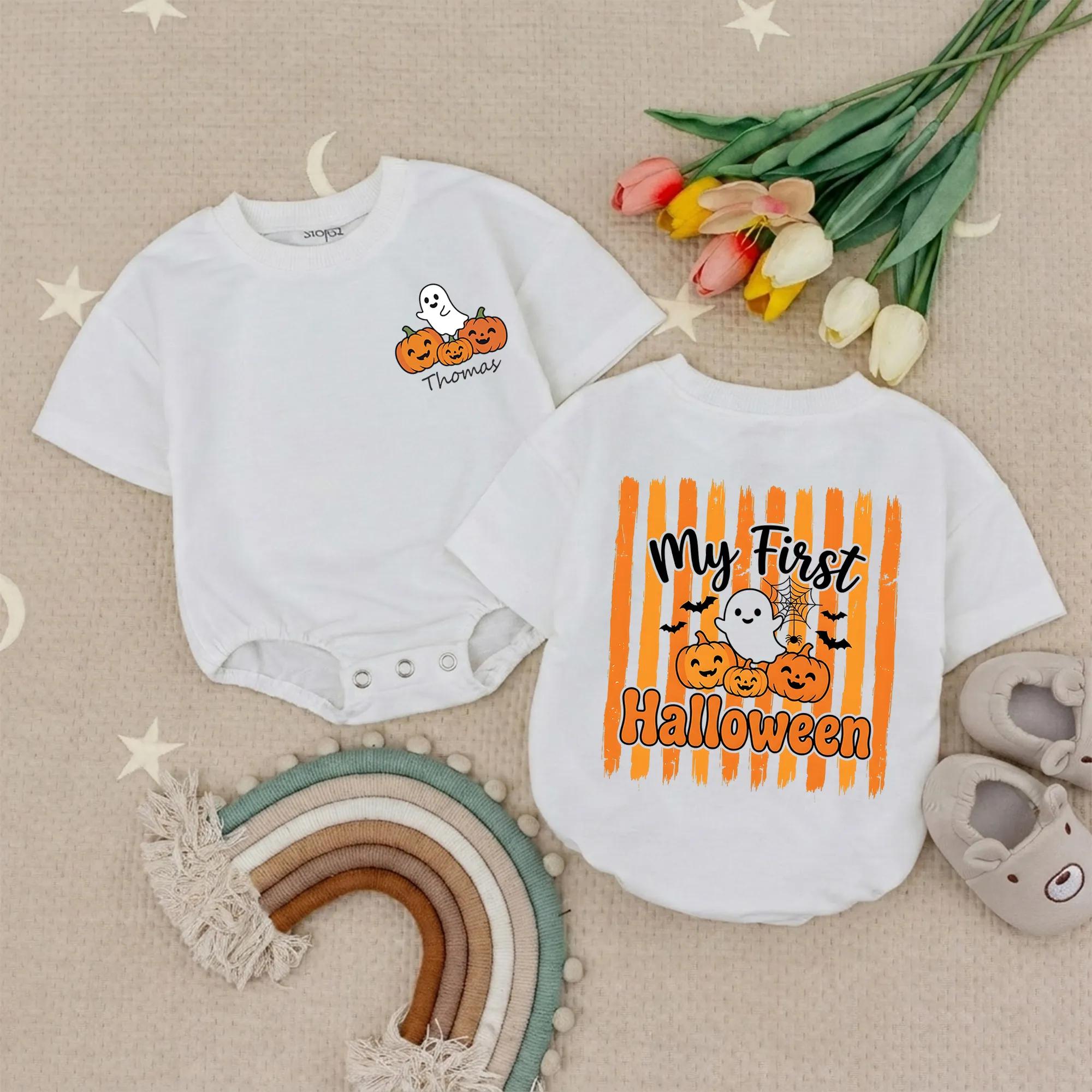 My First Halloween Baby Romper with Ghost and Pumpkin Artwork, Custom Name Outfit for Fall Photos, Infant Pumpkin Patch Bodysuit