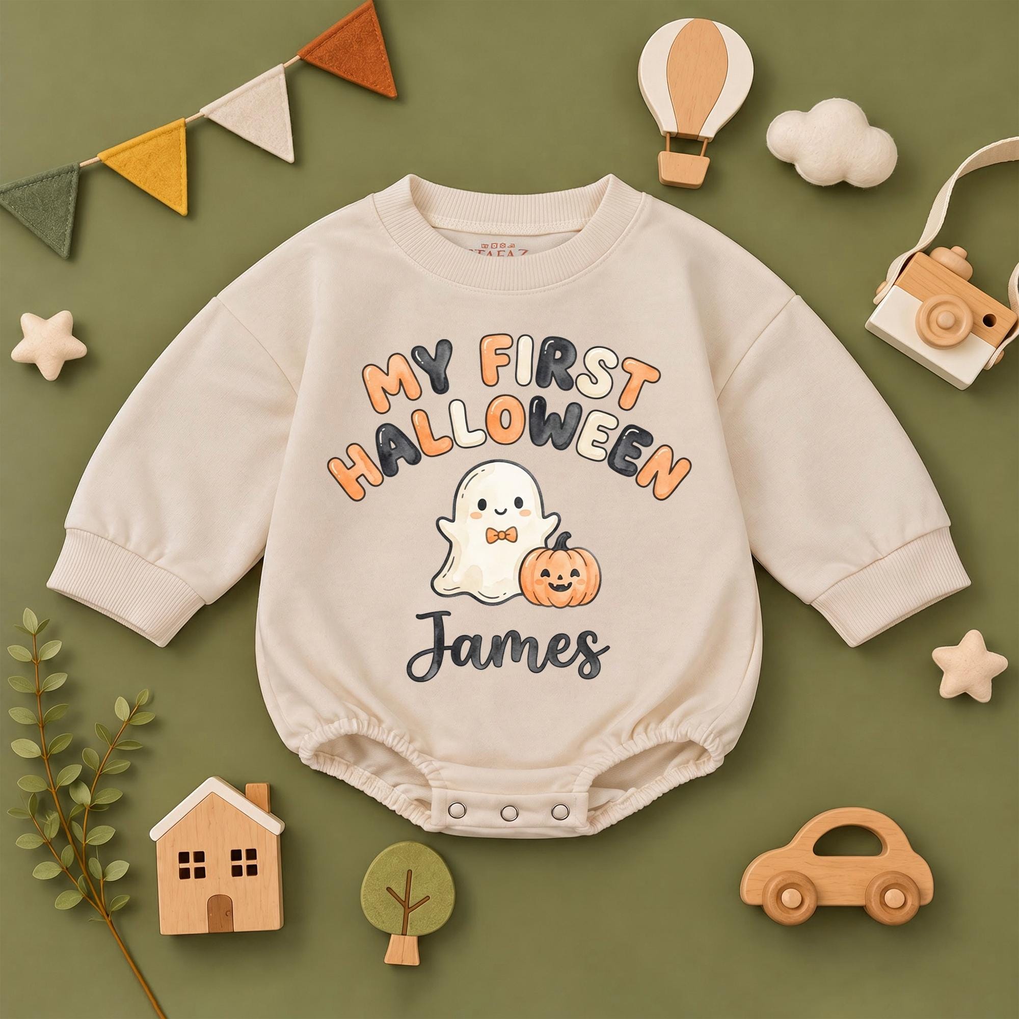 My First Halloween Baby Romper with Ghost & Pumpkin Design, Custom Name, Long Sleeve Newborn Outfit for Fall Photos & Pumpkin Patch