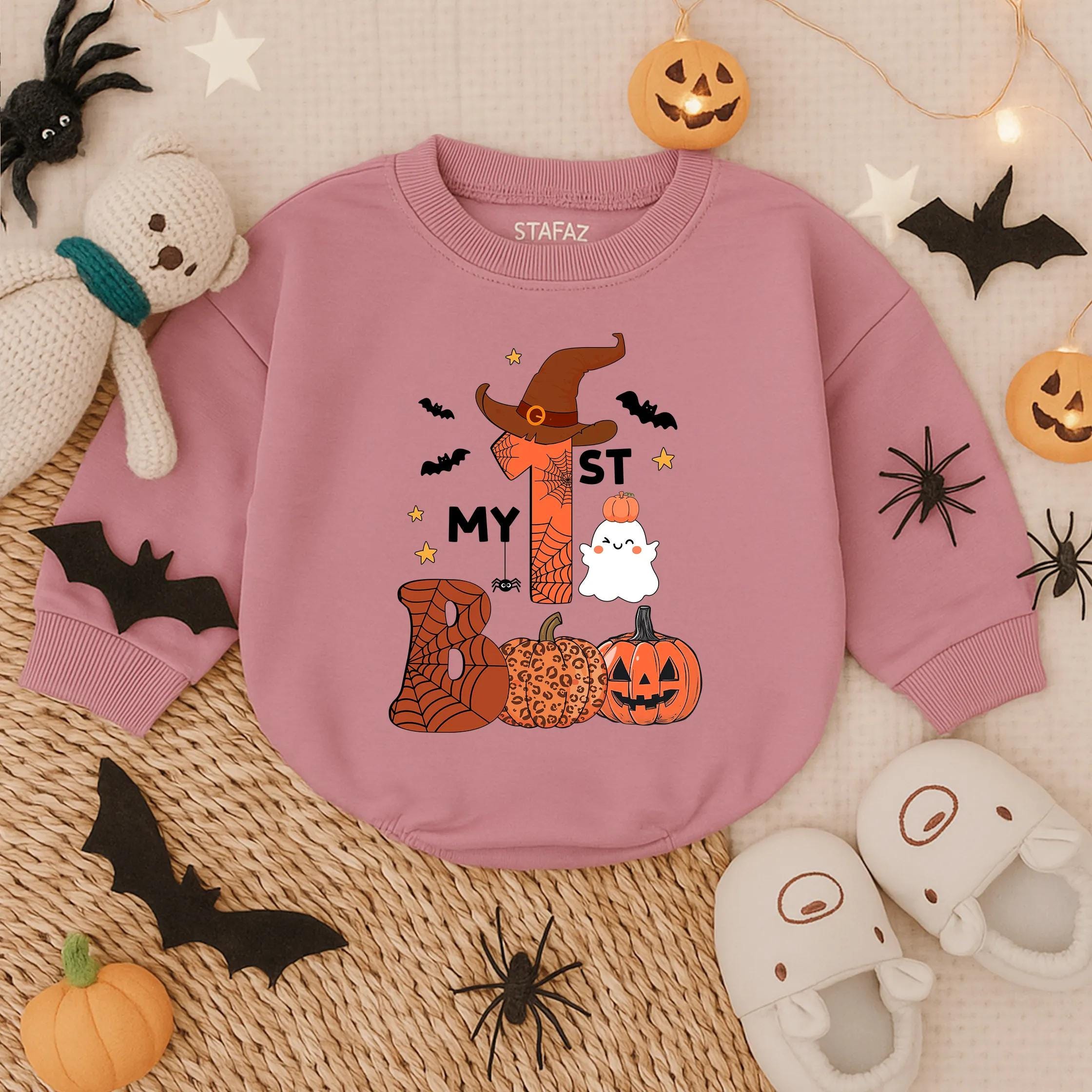 My First Halloween Baby Romper with Witch Hat Ghost Pumpkin Design Soft Cotton Bodysuit Infant Costume Outfit for Boy or Girl