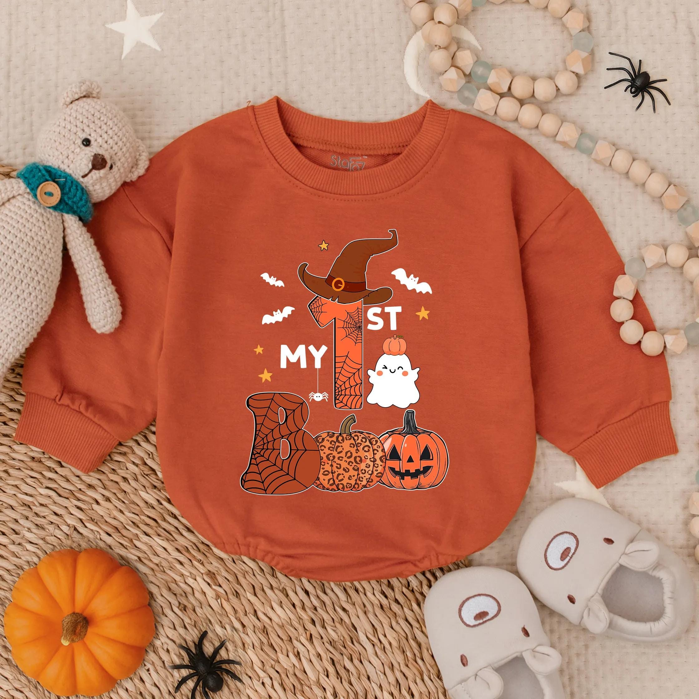 My First Halloween Baby Romper with Witch Hat Ghost Pumpkin Design Soft Cotton Bodysuit Infant Costume Outfit for Boy or Girl