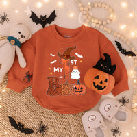 My First Halloween Baby Romper with Witch Hat Ghost Pumpkin Design Soft Cotton Bodysuit Infant Costume Outfit for Boy or Girl