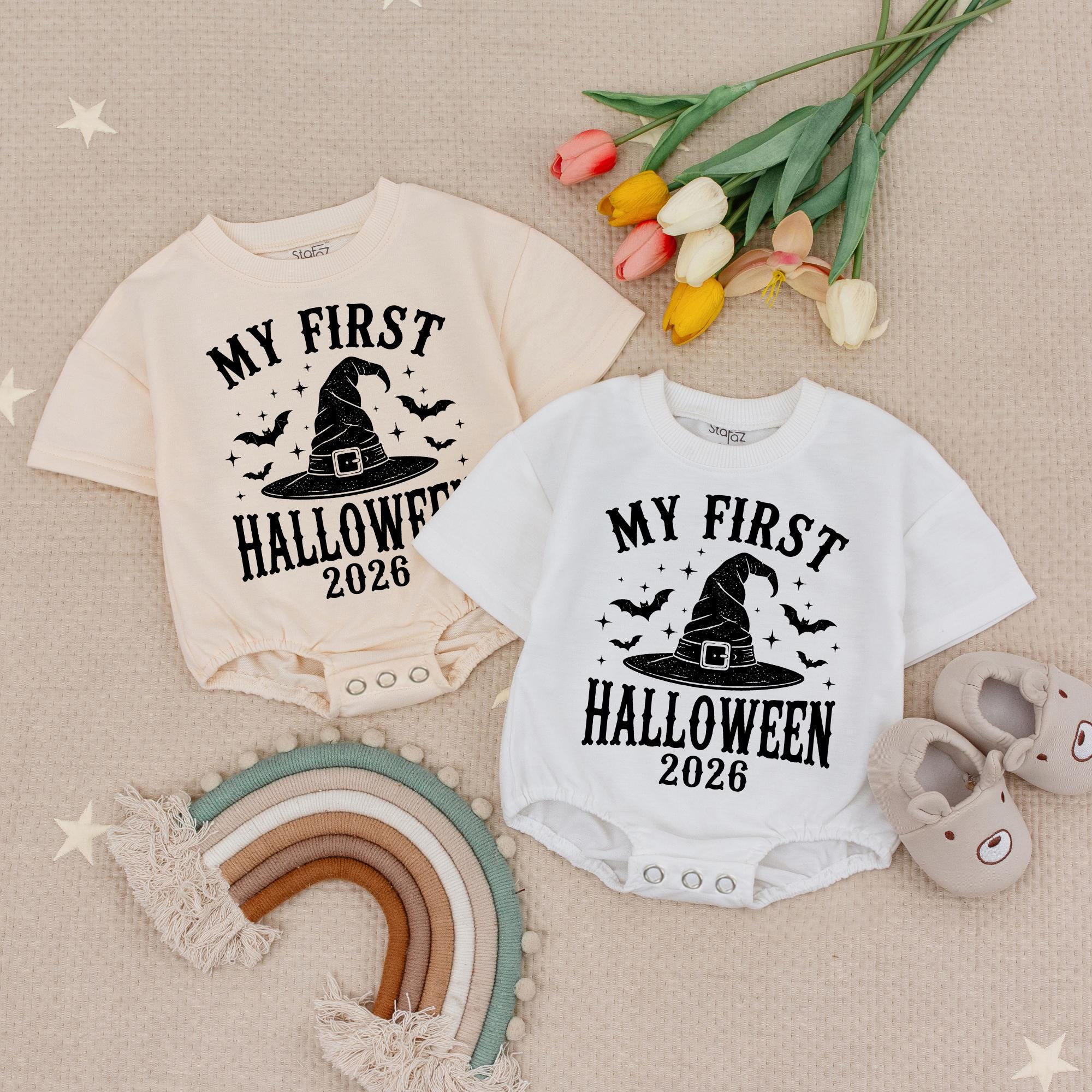 My First Halloween Baby Romper with Witch Hat Graphic and Custom Year, Infant Milestone Outfit for Pumpkin Patch Photos