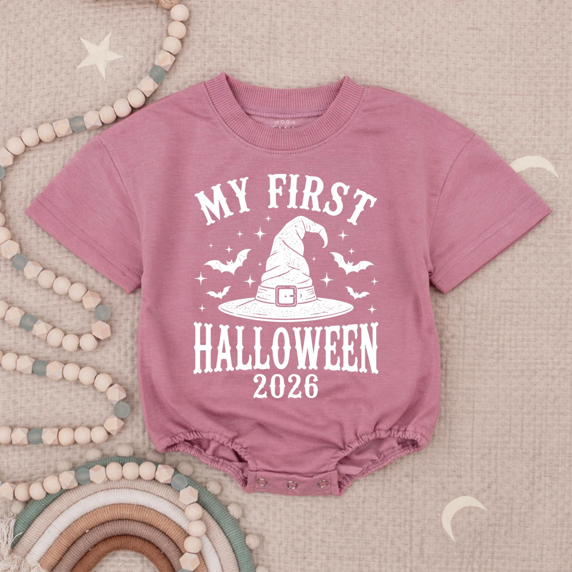 My First Halloween Baby Romper with Witch Hat Graphic and Custom Year, Infant Milestone Outfit for Pumpkin Patch Photos
