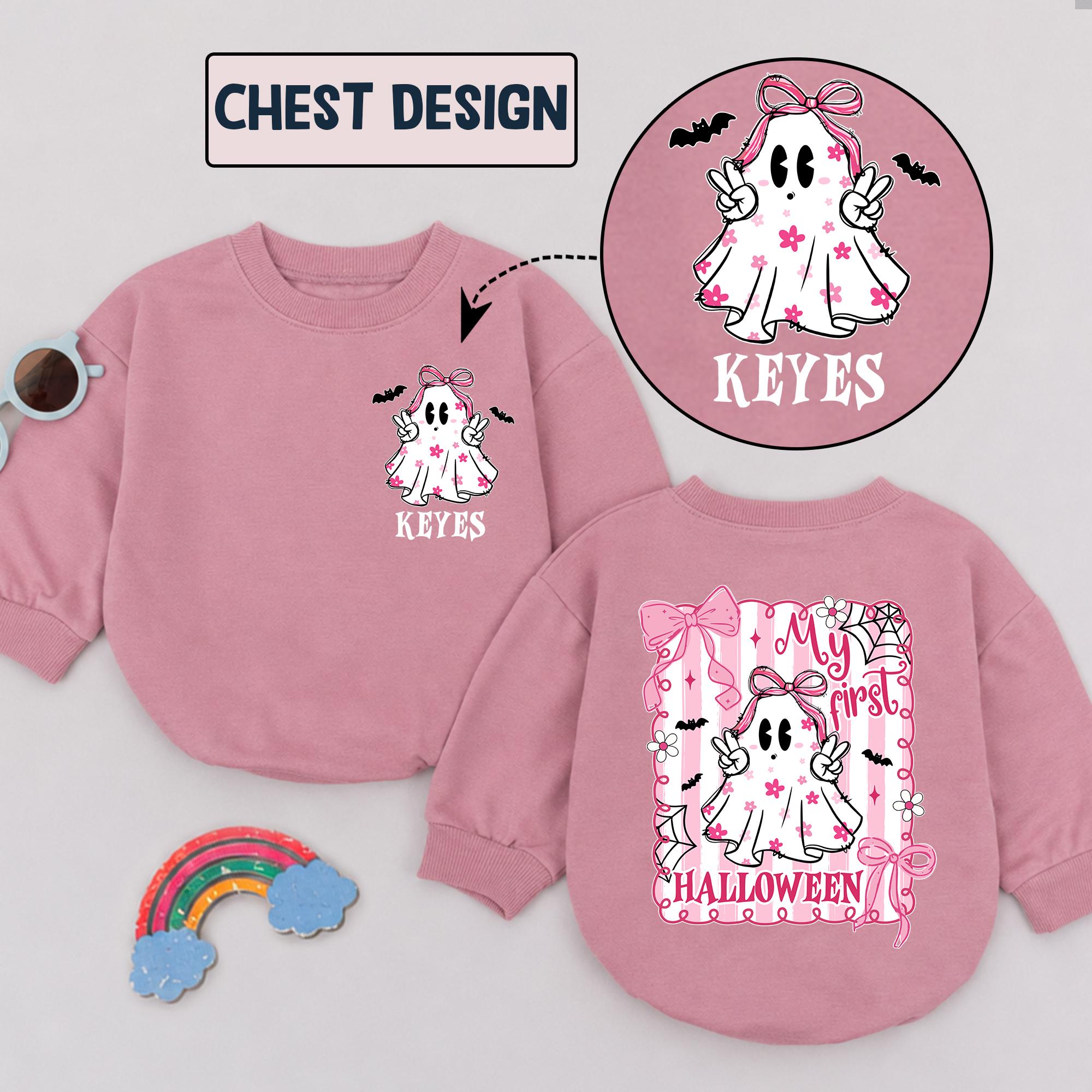 My First Halloween Pink Ghost Baby Romper with Bow Artwork, Custom Name Bubble Outfit for Girls, Fall Pumpkin Patch Costume