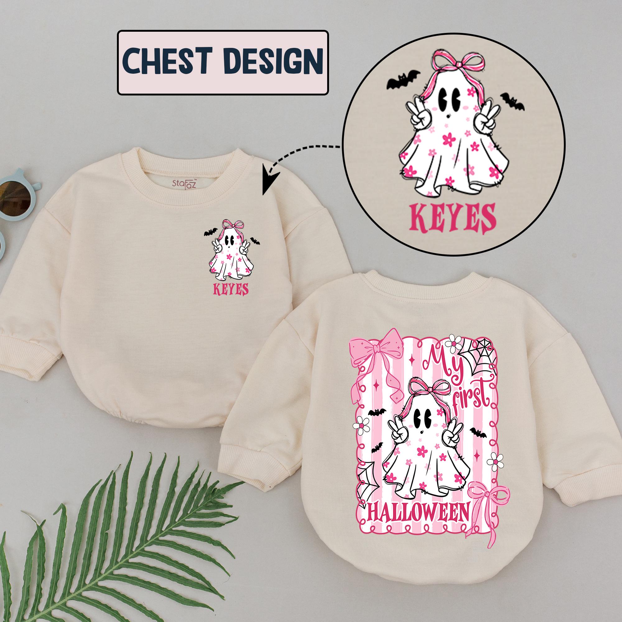 My First Halloween Pink Ghost Baby Romper with Bow Artwork, Custom Name Bubble Outfit for Girls, Fall Pumpkin Patch Costume
