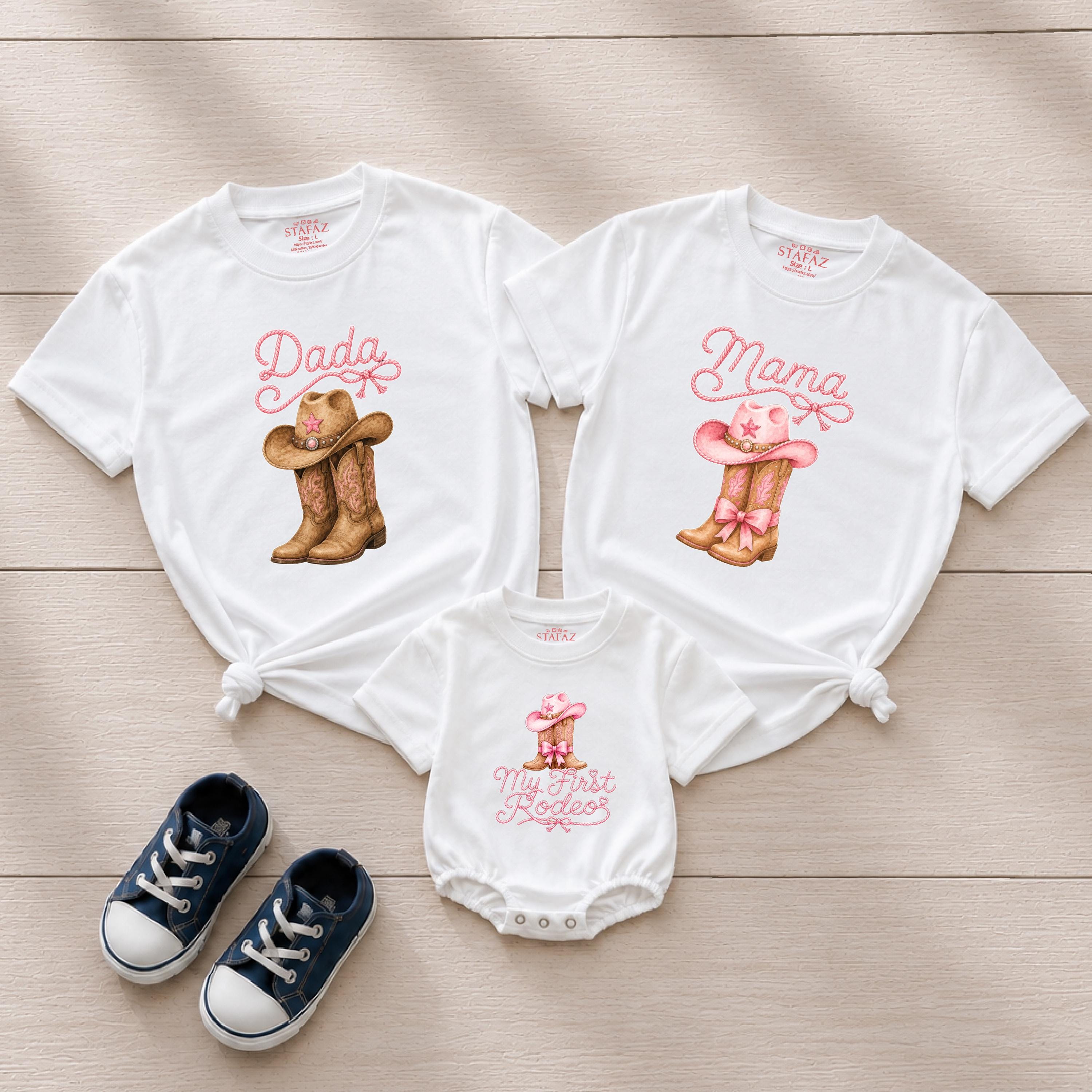 My First Rodeo Baby Girl Romper with Cowgirl Hat and Boots Artwork, Matching Family Western Birthday Outfit with Custom Name