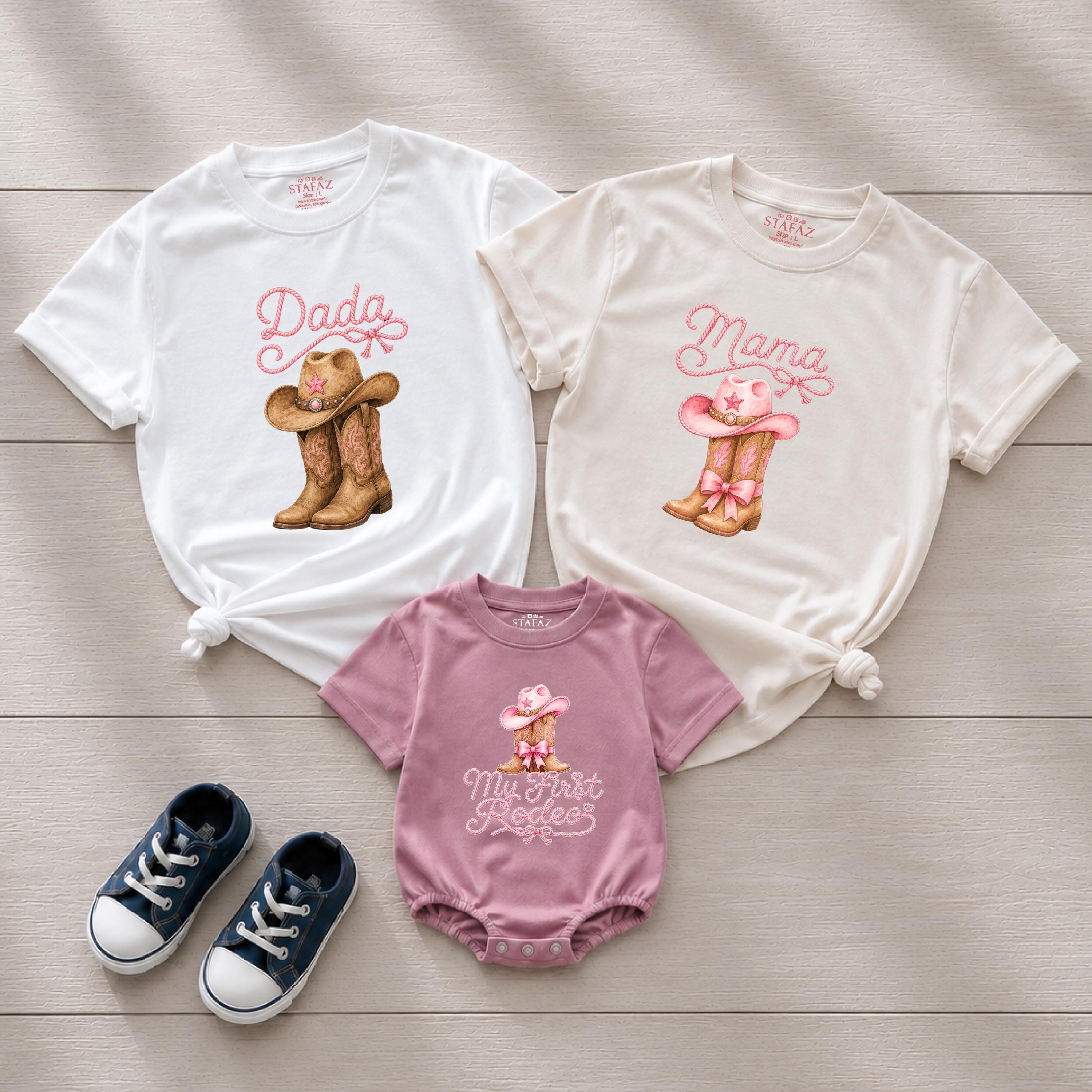 My First Rodeo Baby Girl Romper with Cowgirl Hat and Boots Artwork, Matching Family Western Birthday Outfit with Custom Name