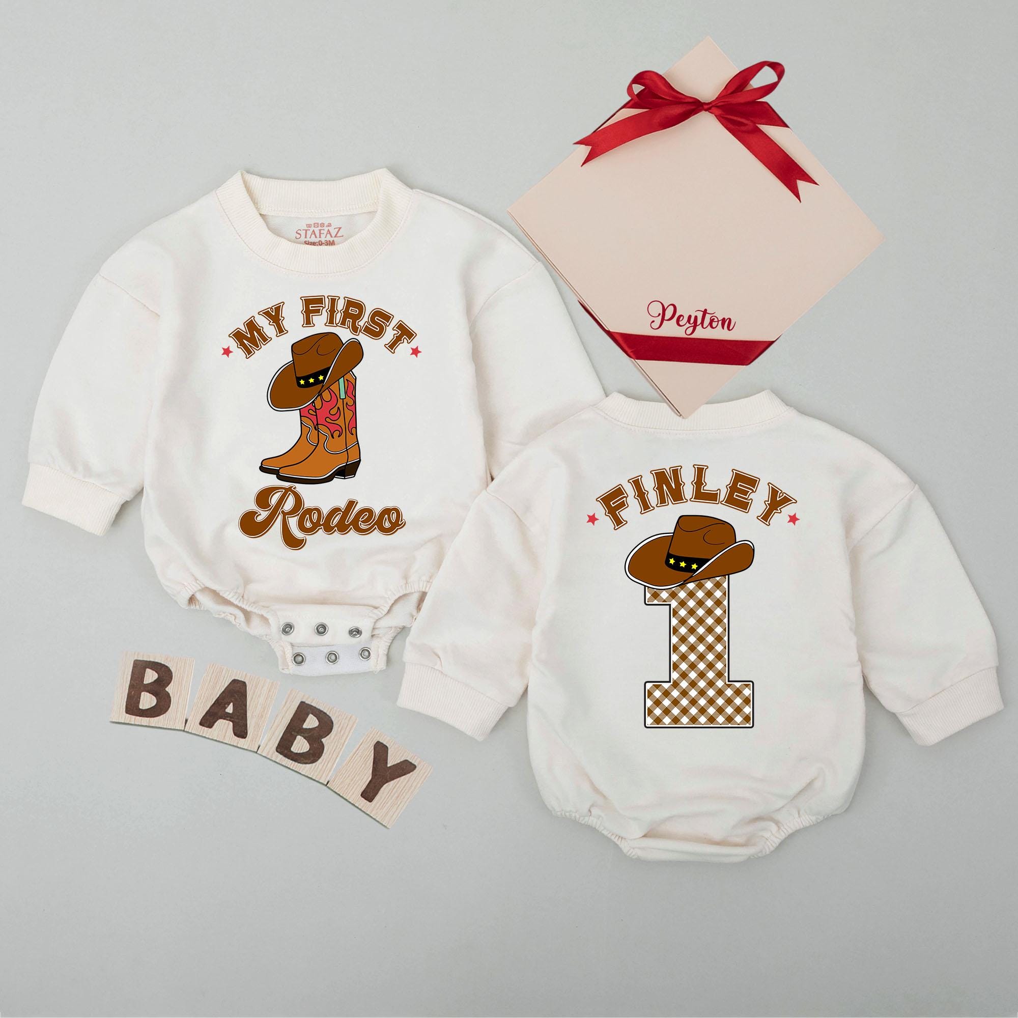 My First Rodeo Baby Romper with Cowboy Boot & Hat Design, Custom Name Western Birthday Outfit, Baby Shower Gift Idea