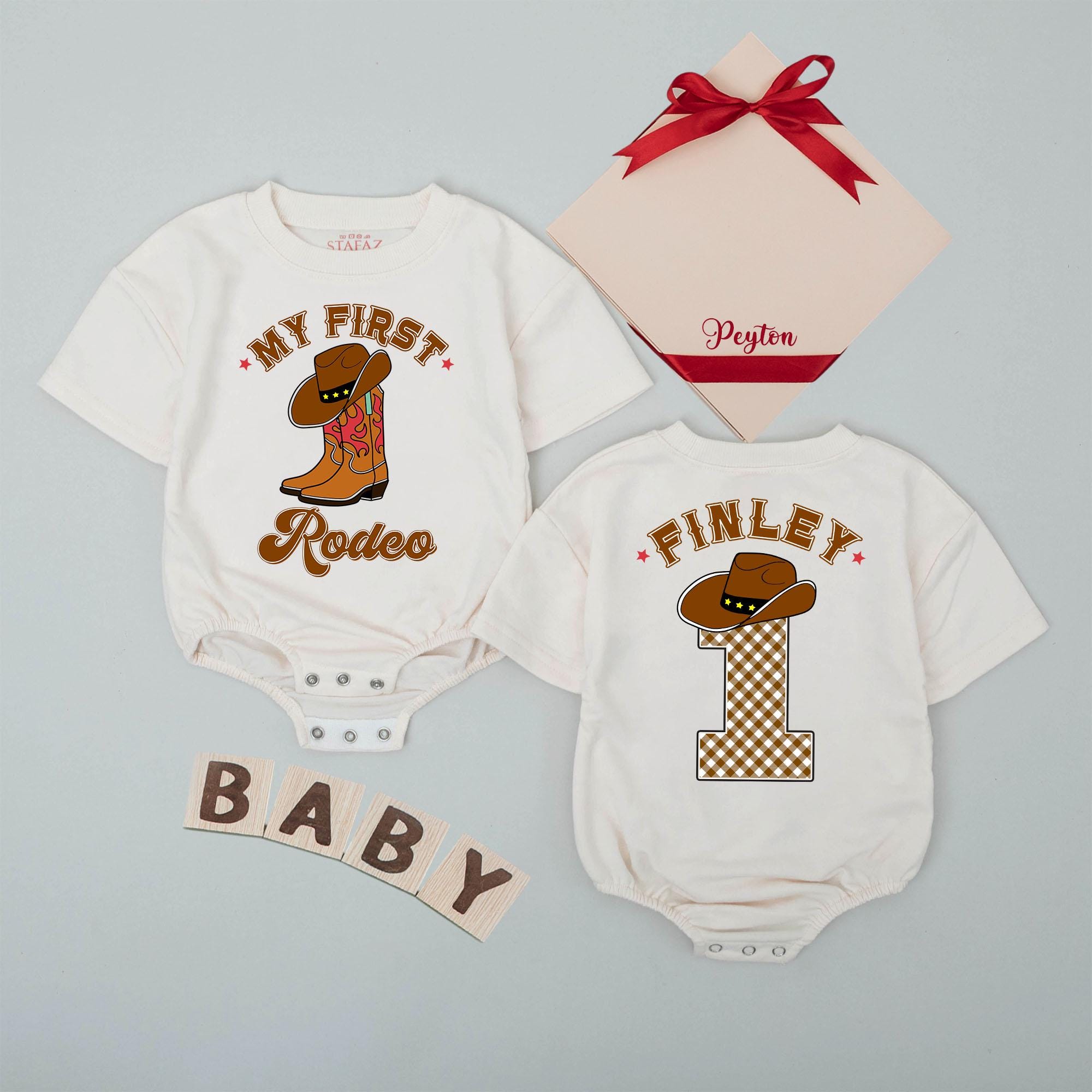 My First Rodeo Baby Romper with Cowboy Boot & Hat Design, Custom Name Western Birthday Outfit, Baby Shower Gift Idea