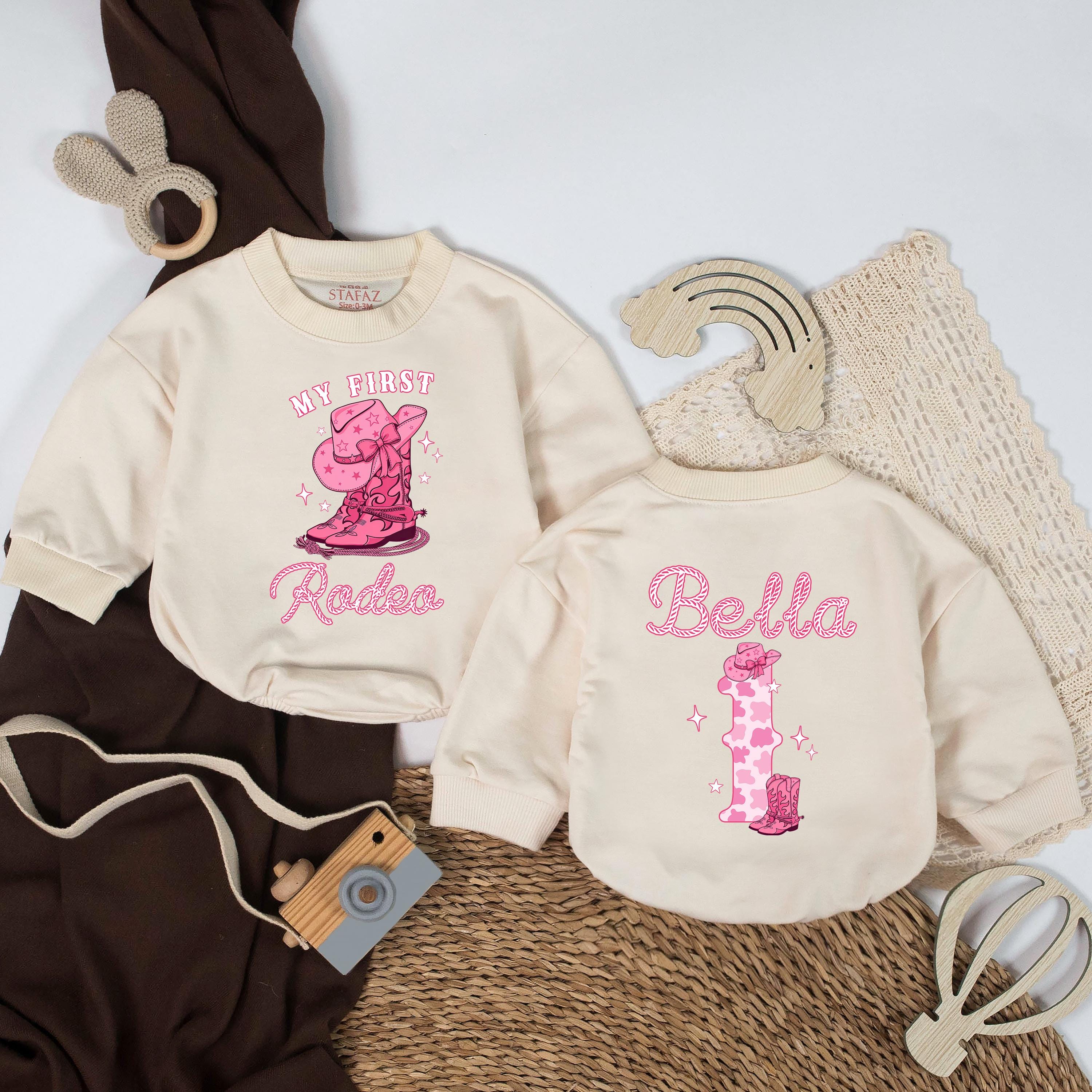 My First Rodeo Cowgirl Baby Romper with Pink Western Graphic and Custom Name, 1st Birthday Outfit for Baby Girl Keepsake
