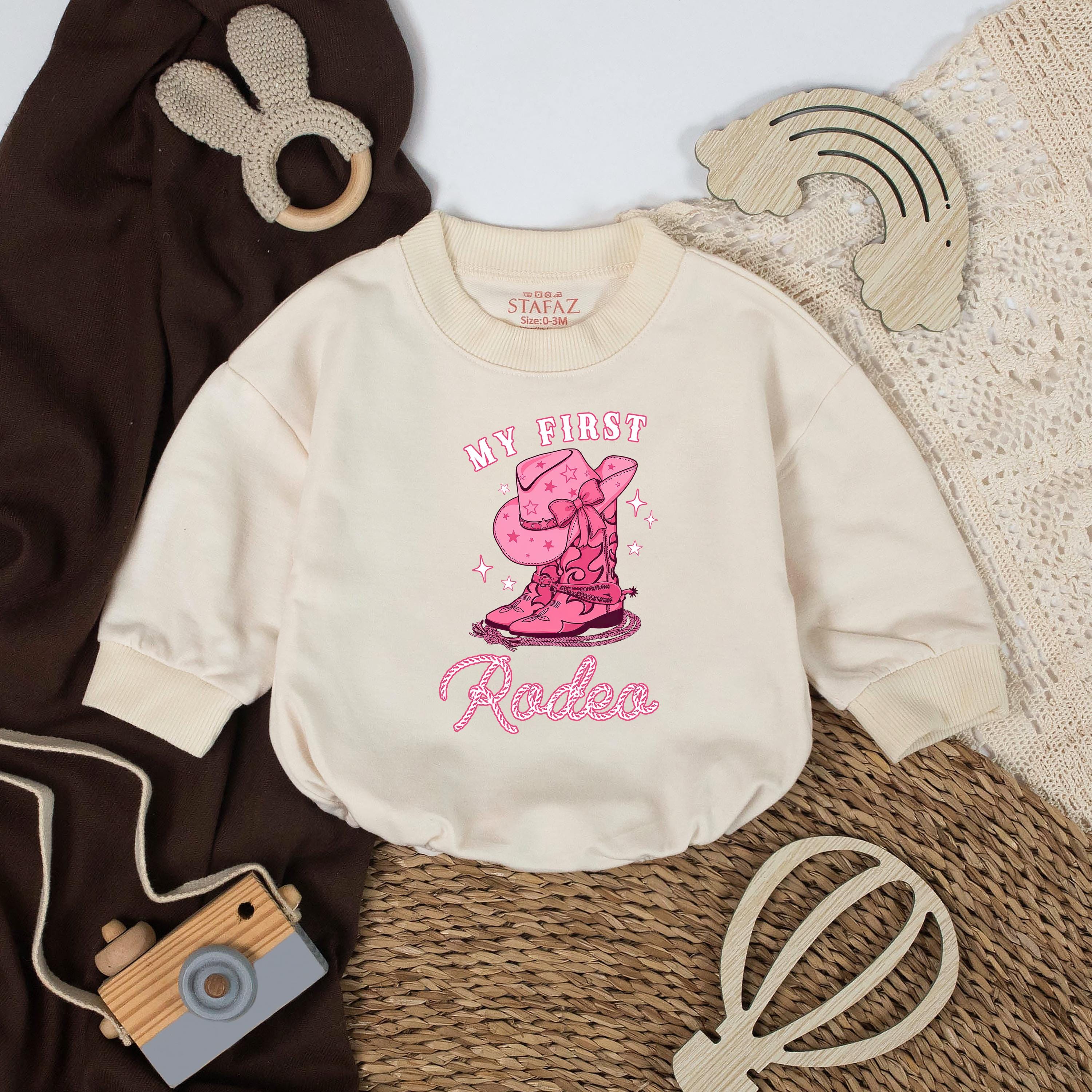 My First Rodeo Cowgirl Baby Romper with Pink Western Graphic and Custom Name, 1st Birthday Outfit for Baby Girl Keepsake