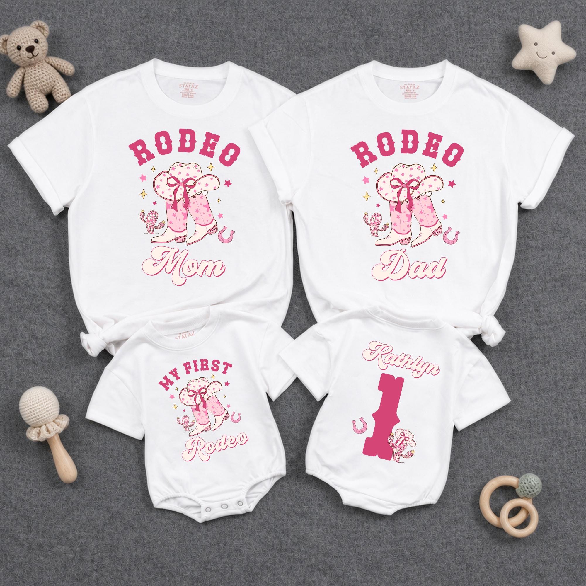 My First Rodeo Family Matching Shirts with Cowboy Hat and Horse Graphic, Custom Name, Western Theme Birthday Outfit Set