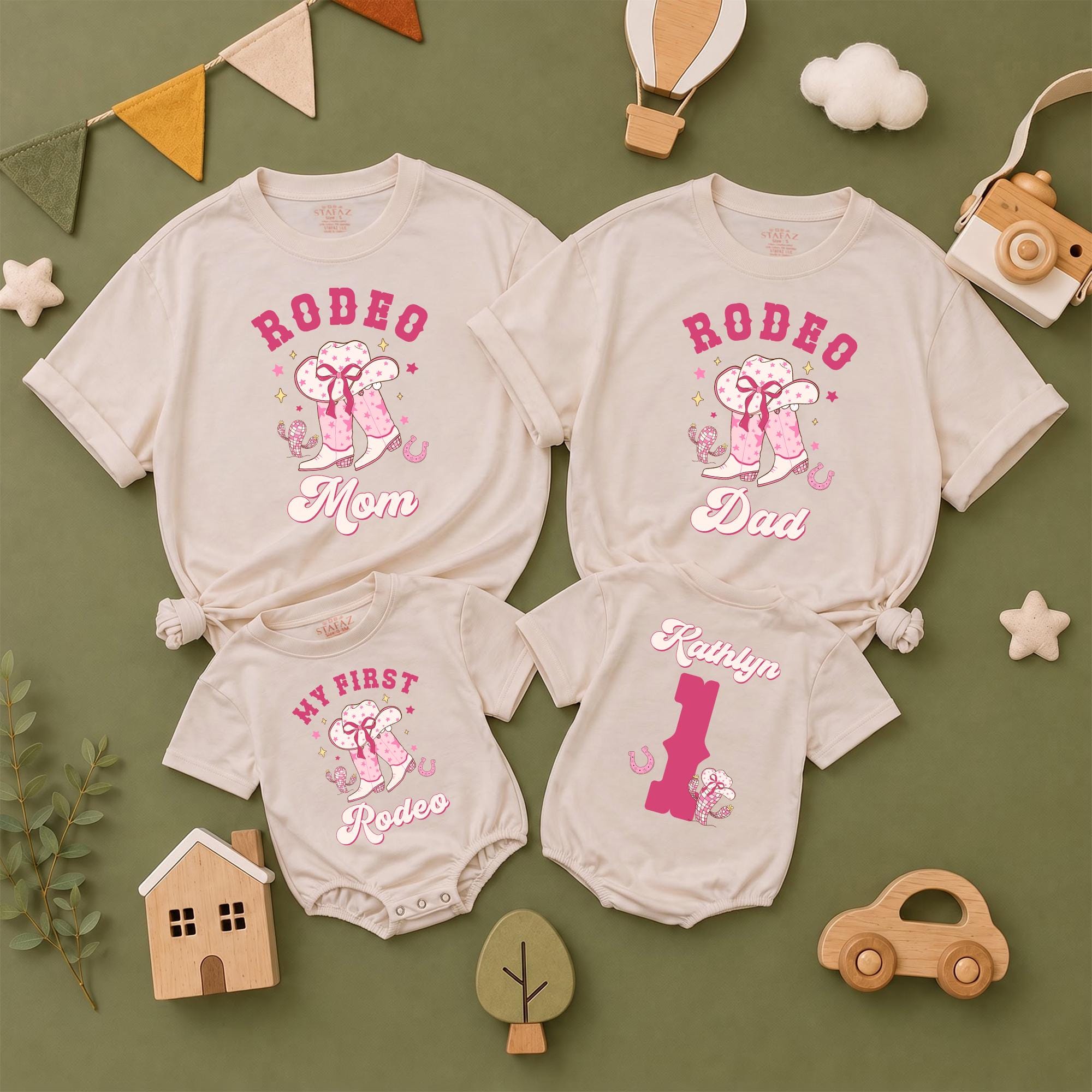 My First Rodeo Family Matching Shirts with Cowboy Hat and Horse Graphic, Custom Name, Western Theme Birthday Outfit Set