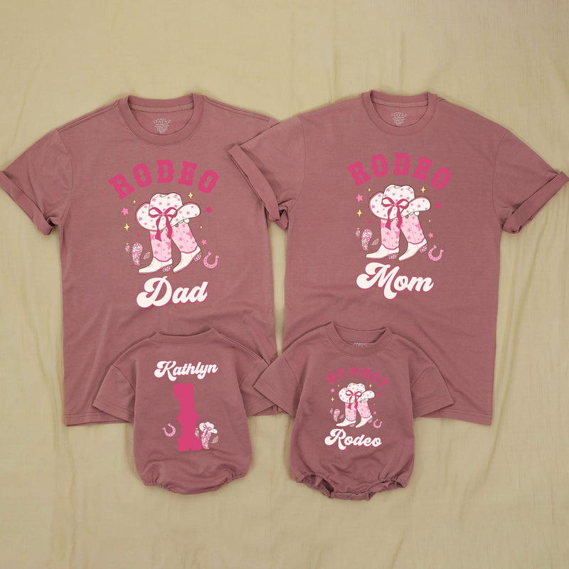 My First Rodeo Family Matching Shirts with Cowboy Hat and Horse Graphic, Custom Name, Western Theme Birthday Outfit Set