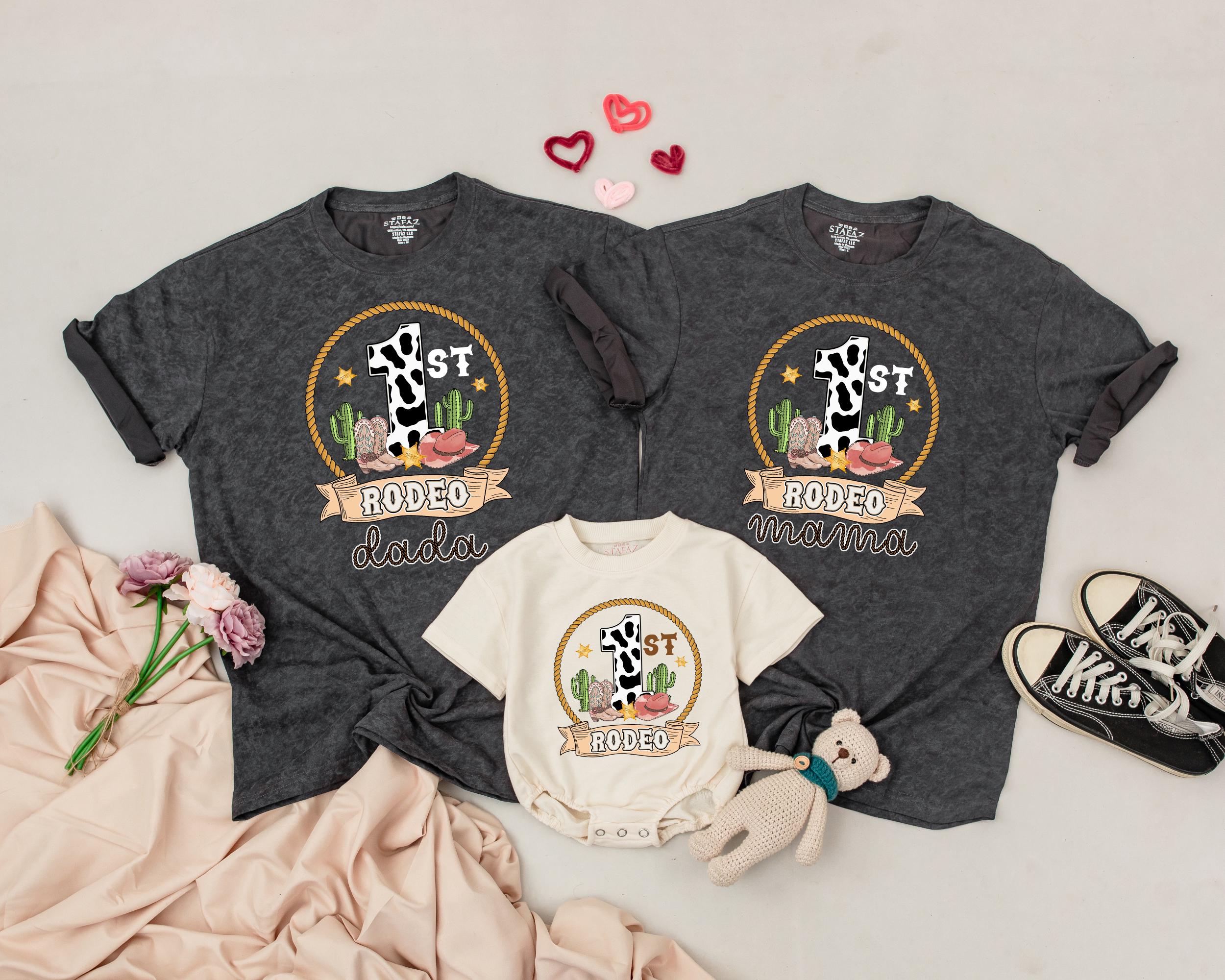 My First Rodeo Family Shirt Matching Outfit for Birthday Party Western Theme Baby Toddler Mom Dad Cowboy Hat Cactus Design Custom Name