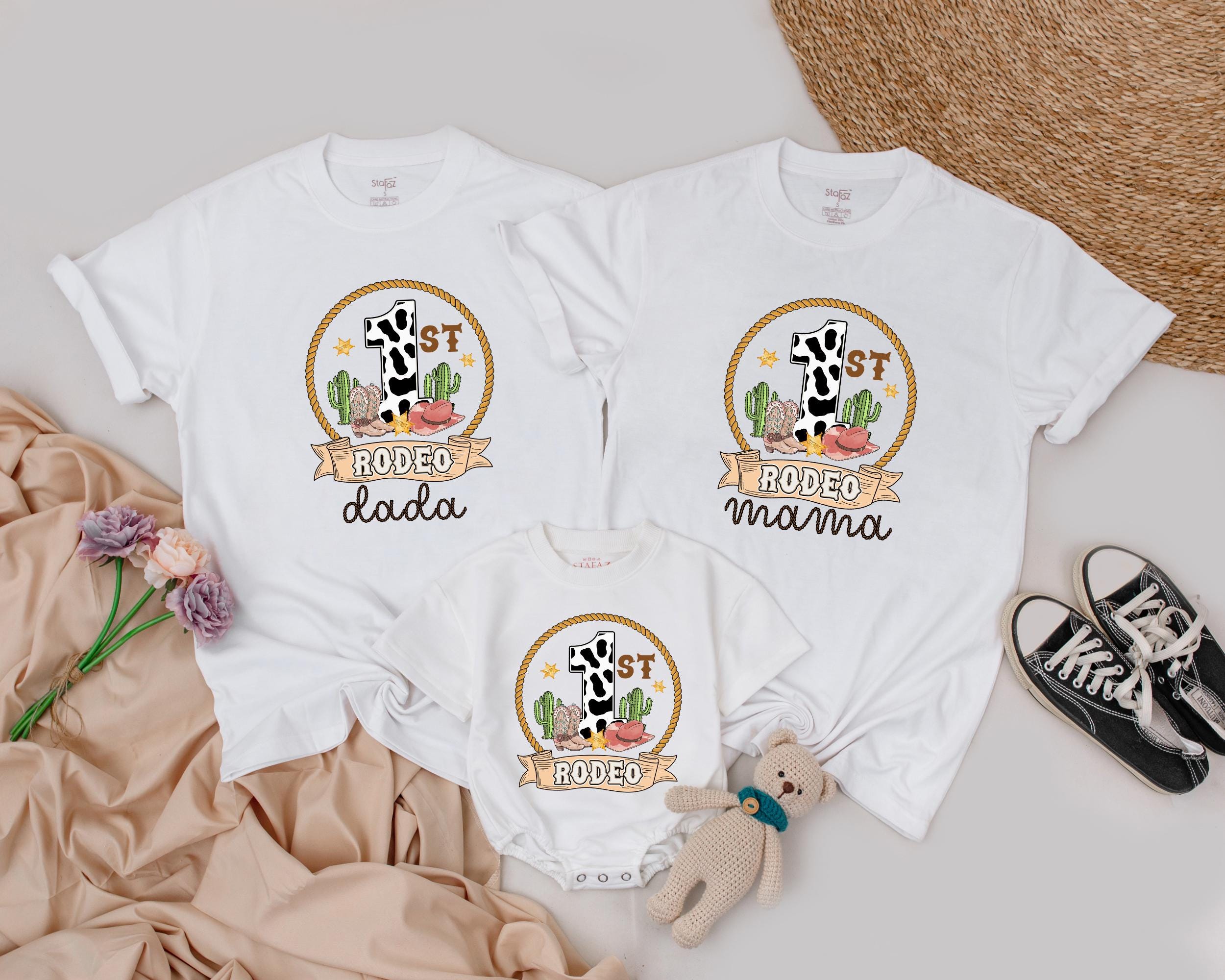 My First Rodeo Family Shirt Matching Outfit for Birthday Party Western Theme Baby Toddler Mom Dad Cowboy Hat Cactus Design Custom Name