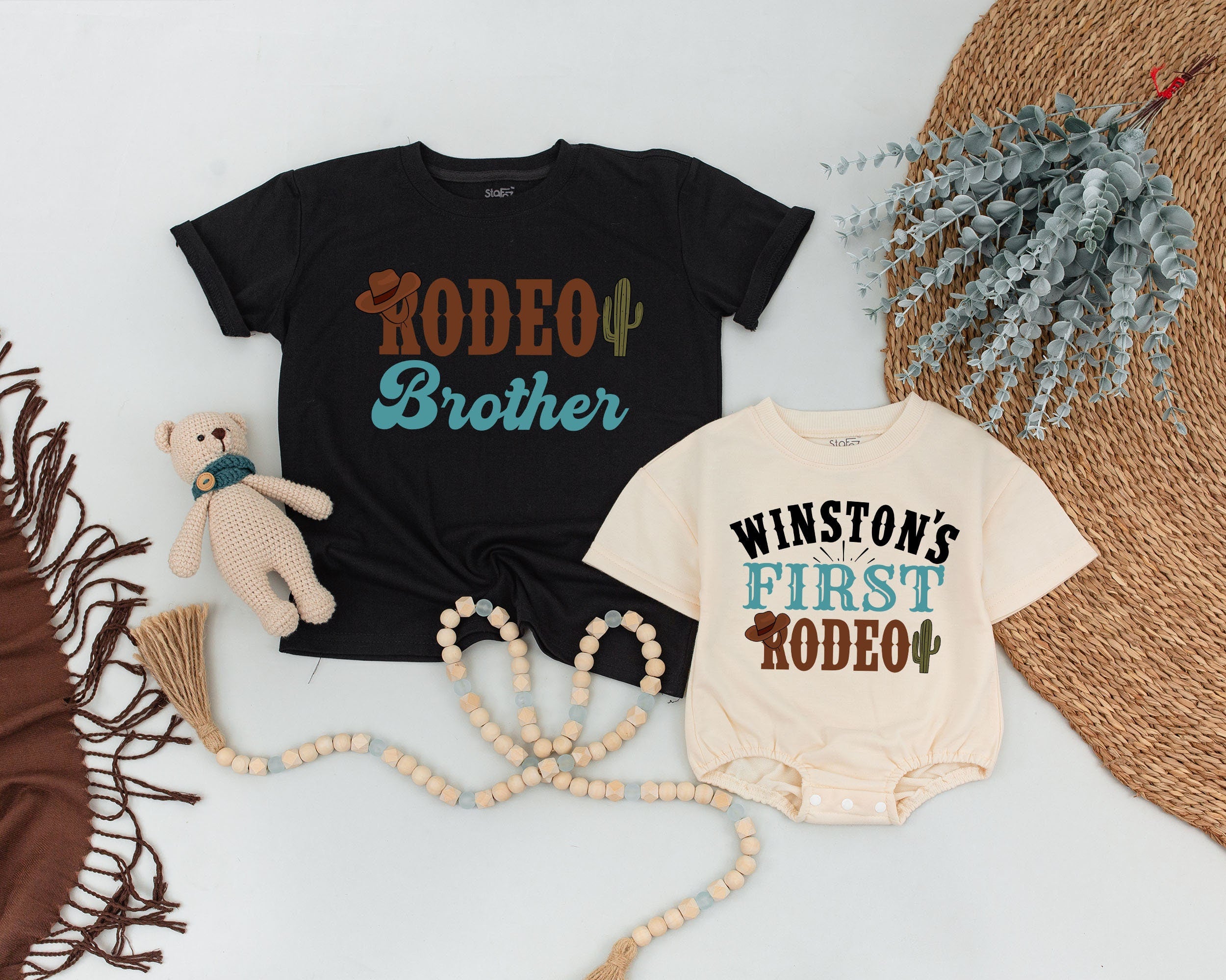 My First Rodeo Family Shirt Personalized Western Theme Birthday Outfit Comfortable Cotton Baby Toddler Matching Cactus Cowboy Design