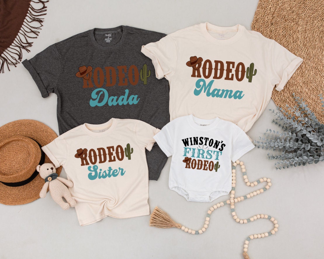 My First Rodeo Family Shirt Personalized Western Theme Birthday Outfit Comfortable Cotton Baby Toddler Matching Cactus Cowboy Design