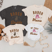 My First Rodeo Matching Family Birthday Shirt Cowboy Boot Design Baby Romper Western Party Outfit Soft Cotton Customizable Names