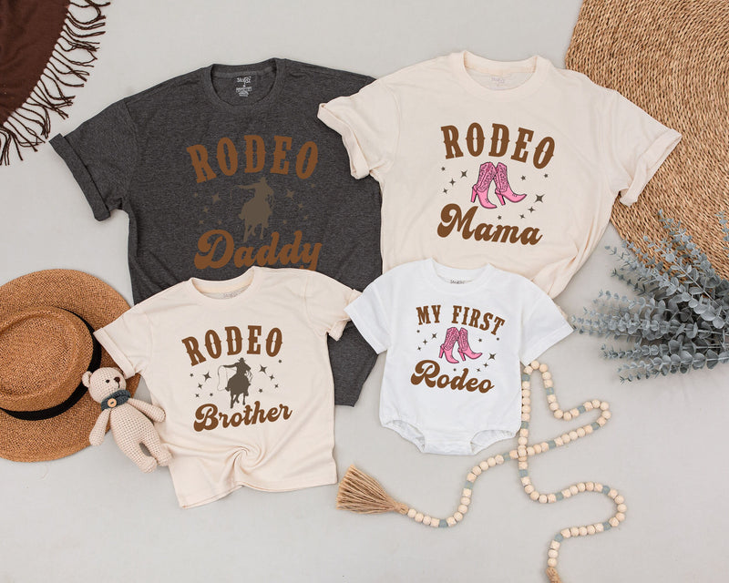 My First Rodeo Matching Family Birthday Shirt Cowboy Boot Design Baby Romper Western Party Outfit Soft Cotton Customizable Names