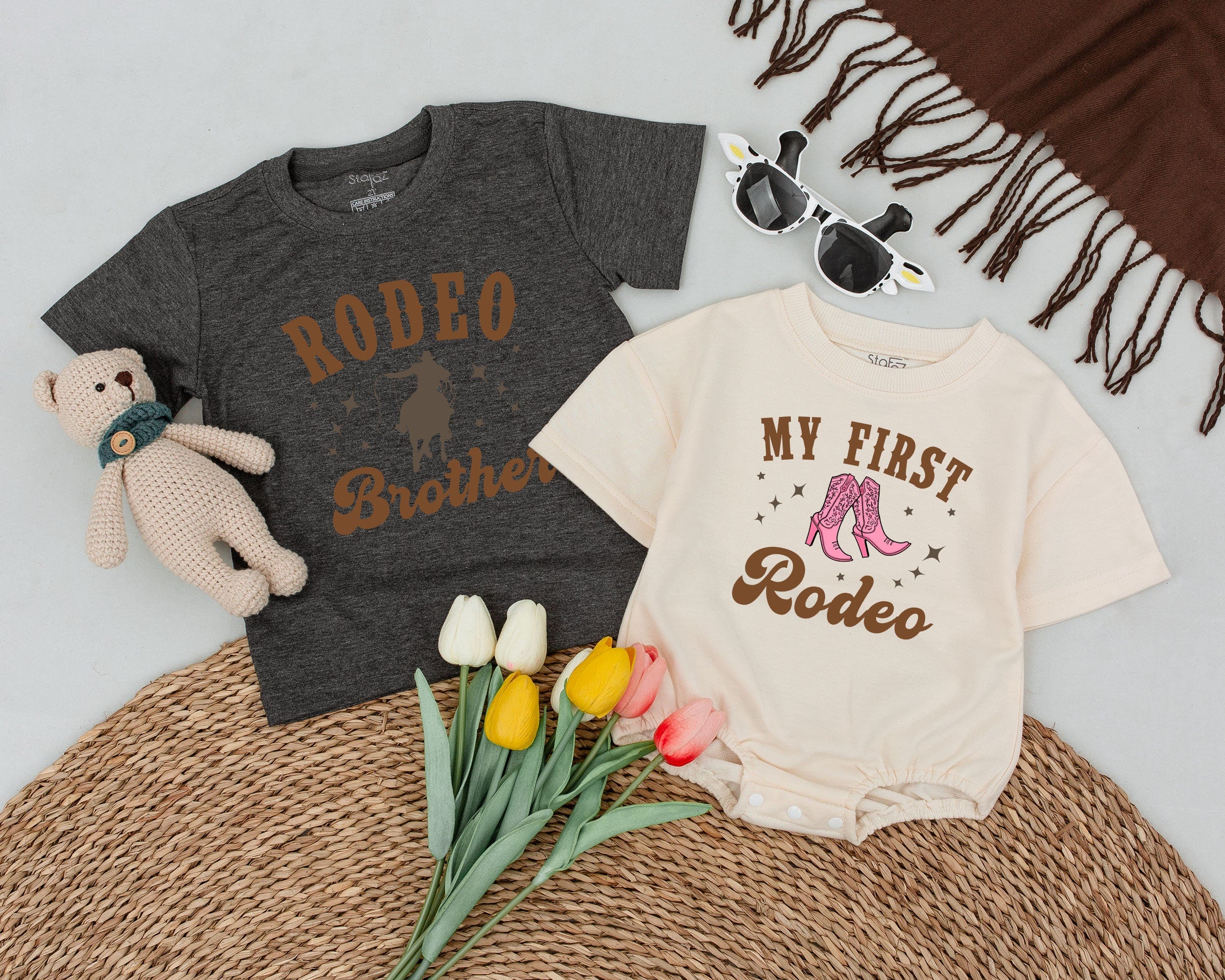 My First Rodeo Matching Family Birthday Shirt Cowboy Boot Design Baby Romper Western Party Outfit Soft Cotton Customizable Names