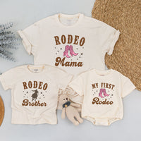 My First Rodeo Matching Family Birthday Shirt Cowboy Boot Design Baby Romper Western Party Outfit Soft Cotton Customizable Names