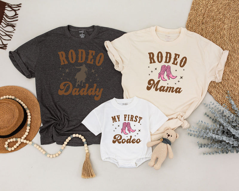 My First Rodeo Matching Family Birthday Shirt Cowboy Boot Design Baby Romper Western Party Outfit Soft Cotton Customizable Names