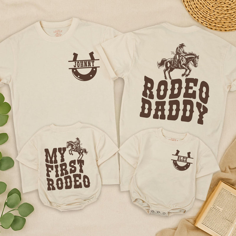 My First Rodeo Matching Family Birthday Shirt Custom Cowboy Theme Outfit Personalized Toddler Baby Party Tee Mama Daddy Rustic Western Design