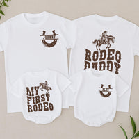 My First Rodeo Matching Family Birthday Shirt Custom Cowboy Theme Outfit Personalized Toddler Baby Party Tee Mama Daddy Rustic Western Design