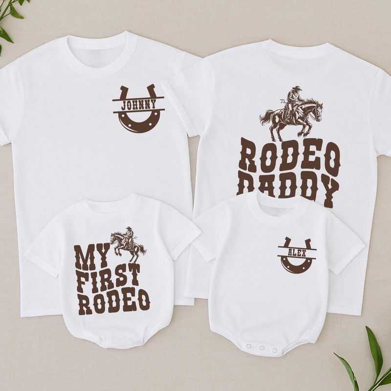 My First Rodeo Matching Family Birthday Shirt Custom Cowboy Theme Outfit Personalized Toddler Baby Party Tee Mama Daddy Rustic Western Design