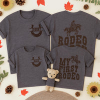 My First Rodeo Matching Family Birthday Shirt Custom Cowboy Theme Outfit Personalized Toddler Baby Party Tee Mama Daddy Rustic Western Design