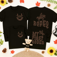 My First Rodeo Matching Family Birthday Shirt Custom Cowboy Theme Outfit Personalized Toddler Baby Party Tee Mama Daddy Rustic Western Design