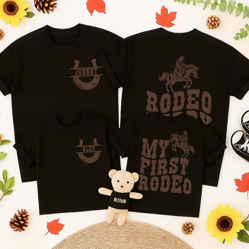 My First Rodeo Matching Family Birthday Shirt Custom Cowboy Theme Outfit Personalized Toddler Baby Party Tee Mama Daddy Rustic Western Design