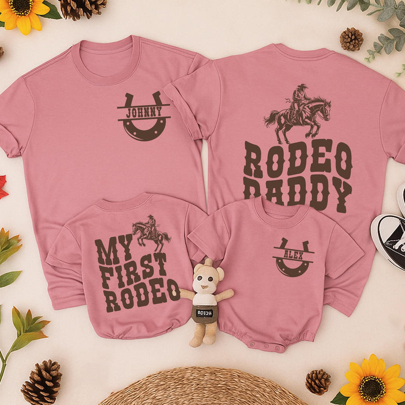My First Rodeo Matching Family Birthday Shirt Custom Cowboy Theme Outfit Personalized Toddler Baby Party Tee Mama Daddy Rustic Western Design