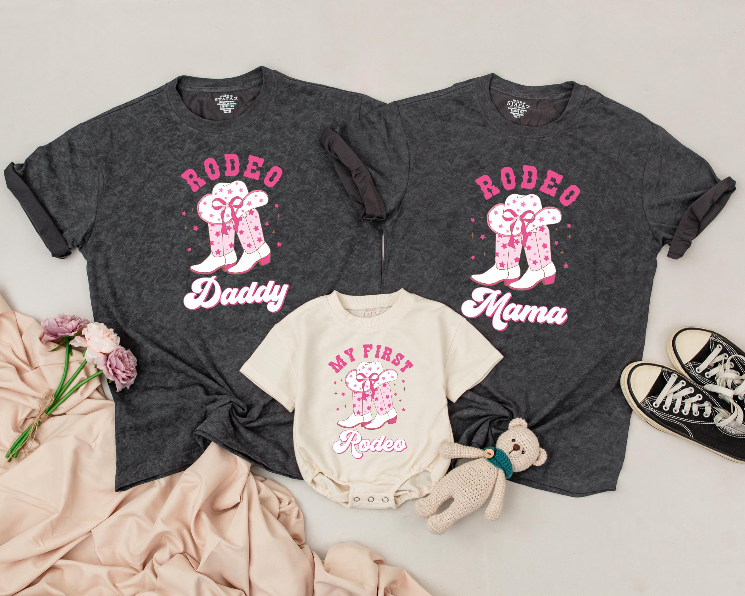 My First Rodeo Matching Family Shirt Personalized Western Baby Outfit Pink Cowboy Boots Birthday Party T-shirt Cotton Comfortable