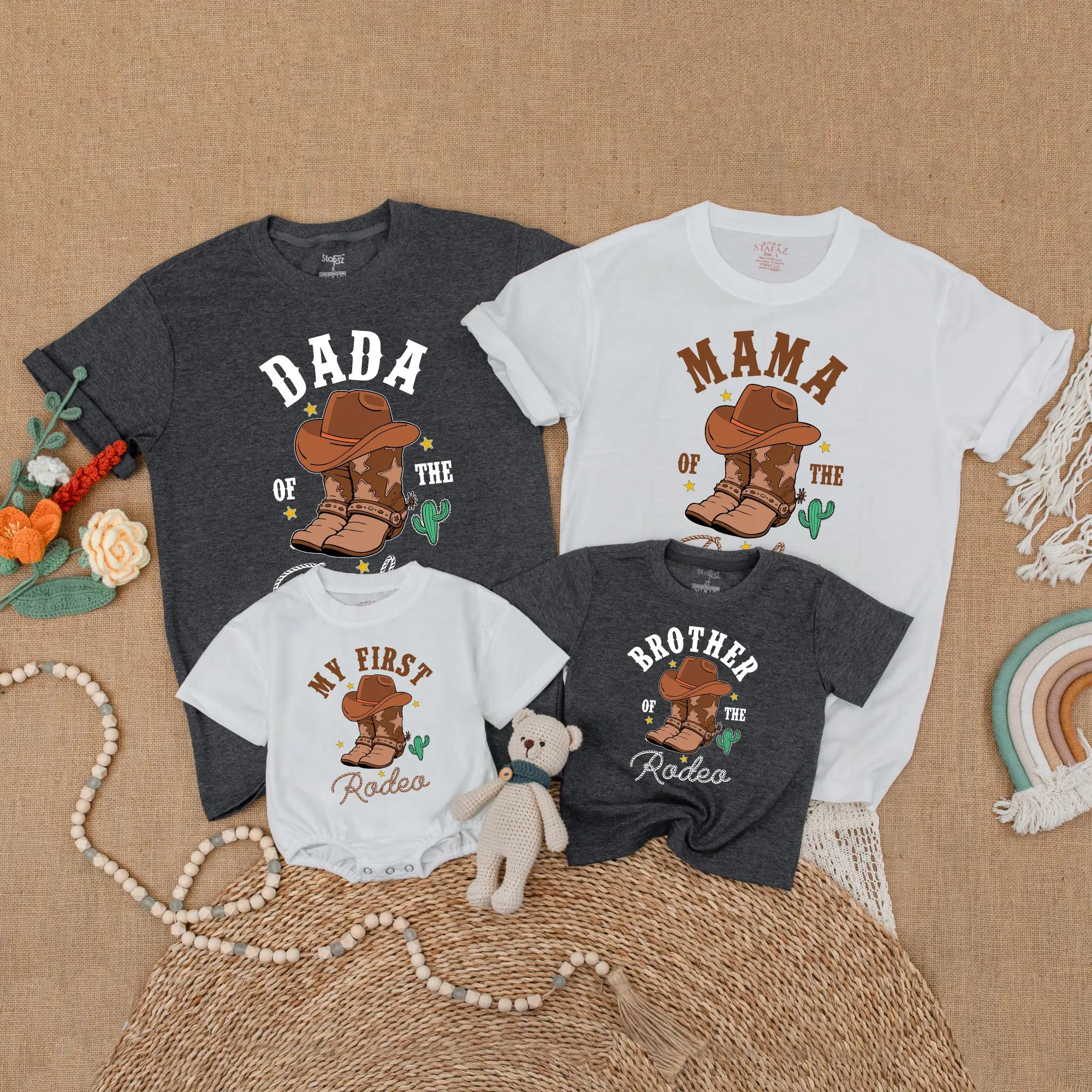 My First Rodeo Matching Family Western Birthday Shirts Cowboy Theme Cotton Outfit Personalized for Baby Toddler Mom Dad Brother