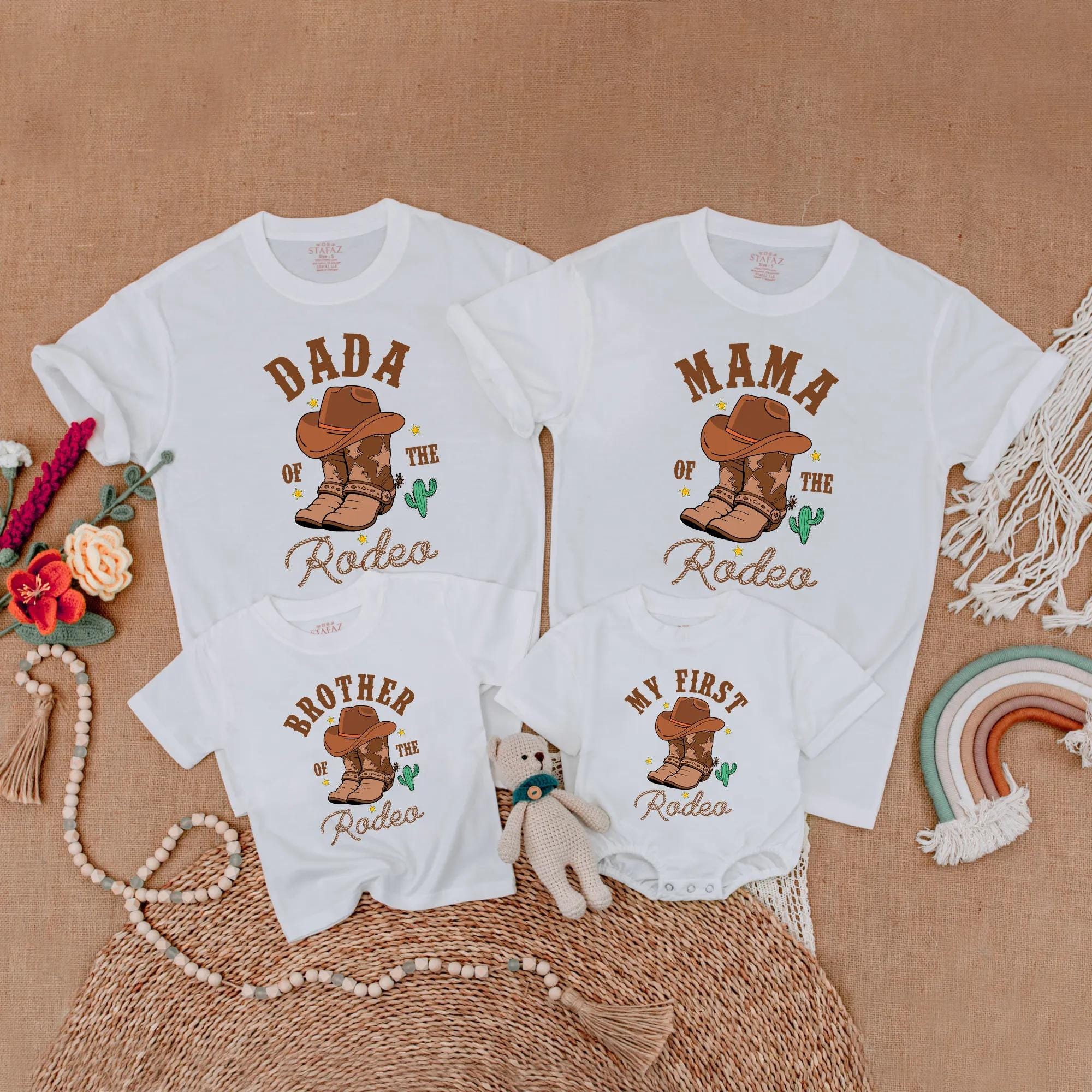 My First Rodeo Matching Family Western Birthday Shirts Cowboy Theme Cotton Outfit Personalized for Baby Toddler Mom Dad Brother
