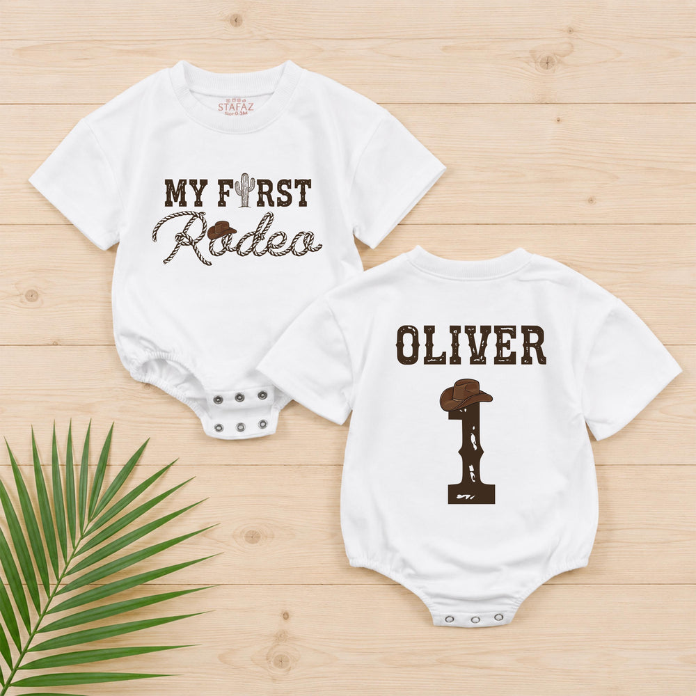 My First Rodeo Personalized Baby Romper for First Birthday Boy, Western Cowboy Outfit with Cactus and Hat Design, Short or Long Sleeves