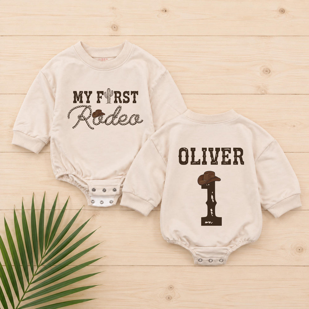 My First Rodeo Personalized Baby Romper for First Birthday Boy, Western Cowboy Outfit with Cactus and Hat Design, Short or Long Sleeves