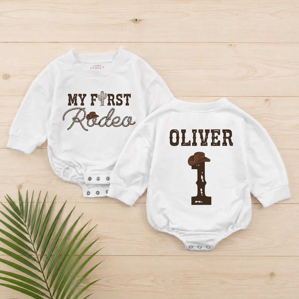 My First Rodeo Personalized Baby Romper for First Birthday Boy, Western Cowboy Outfit with Cactus and Hat Design, Short or Long Sleeves